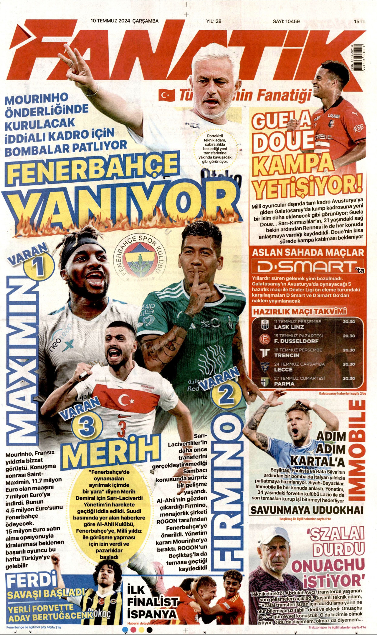 FANATİK gazetesinin 10 Temmuz 2024 tarihli birinci sayfası