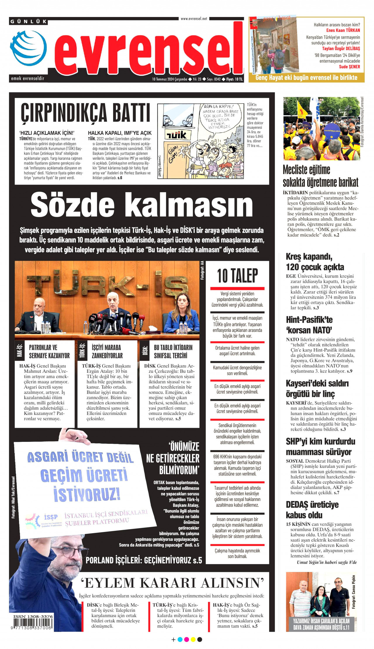 EVRENSEL gazetesinin 10 Temmuz 2024 tarihli birinci sayfası