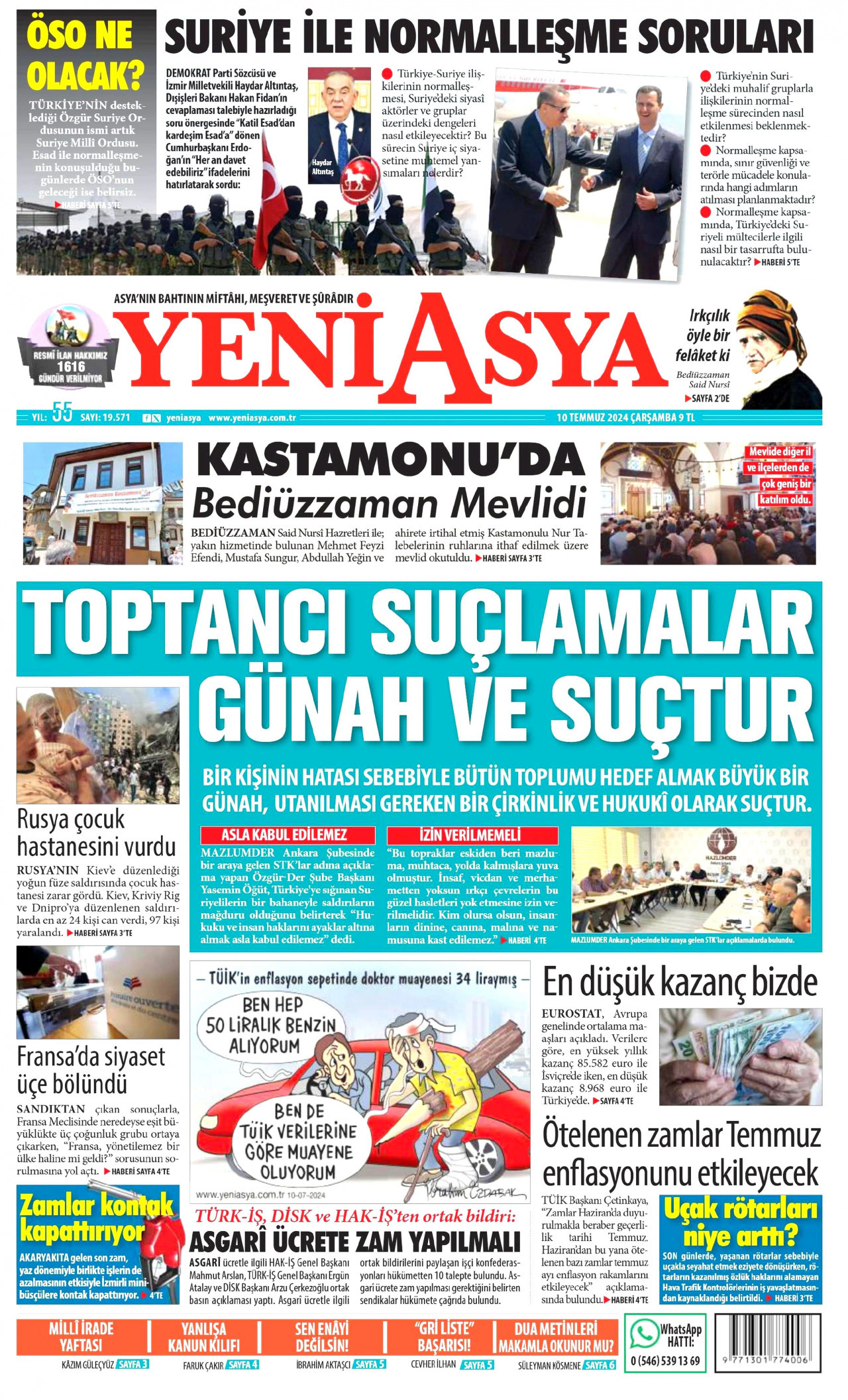 YENİ ASYA gazetesinin 10 Temmuz 2024 tarihli birinci sayfası