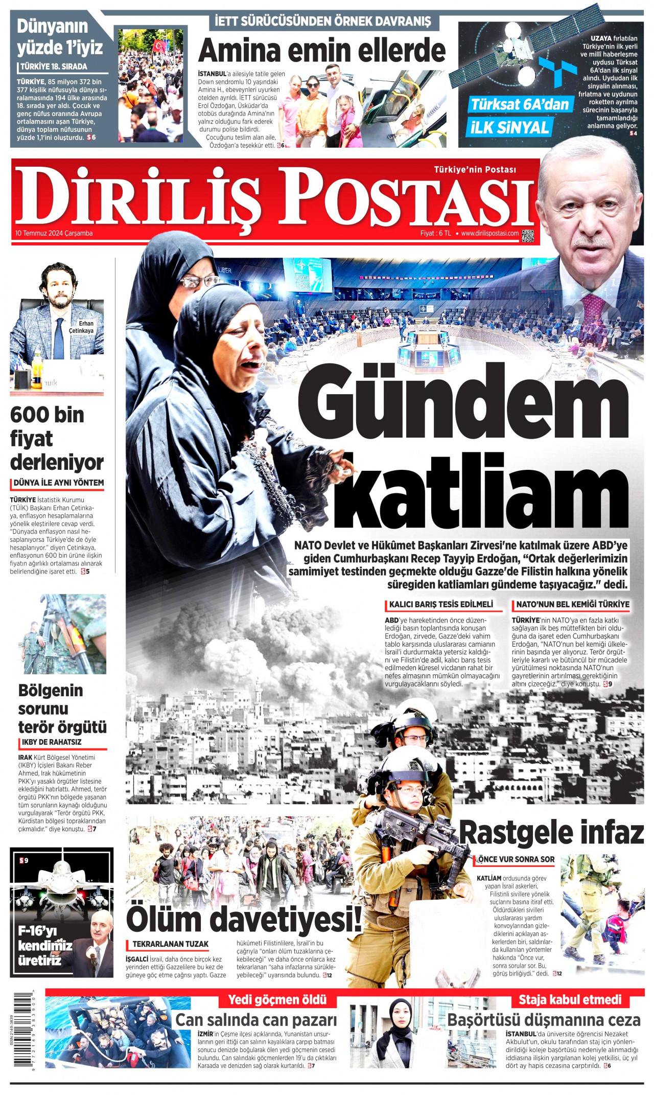 DİRİLİŞ POSTASI gazetesinin 10 Temmuz 2024 tarihli birinci sayfası