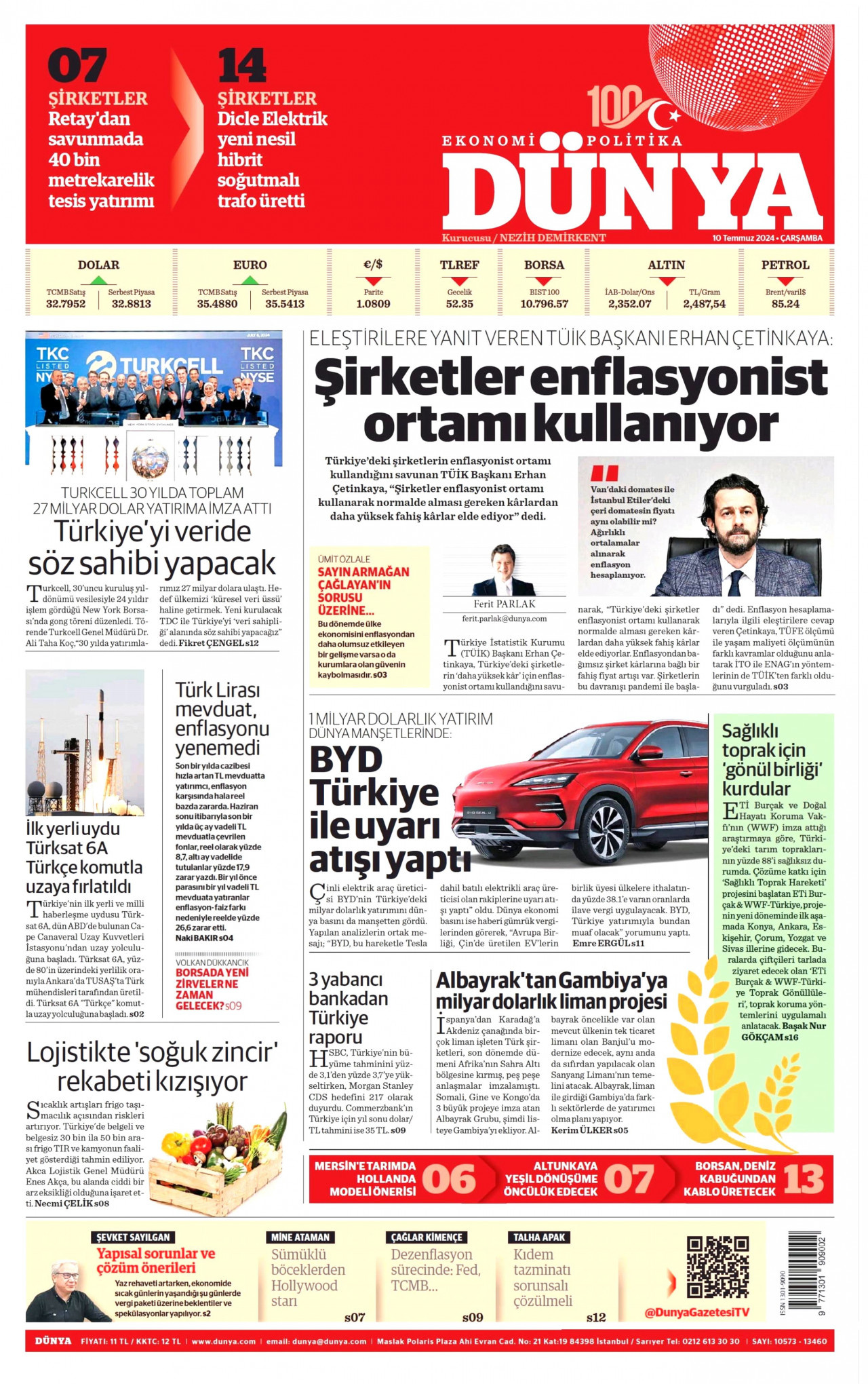 DÜNYA gazetesinin 10 Temmuz 2024 tarihli birinci sayfası