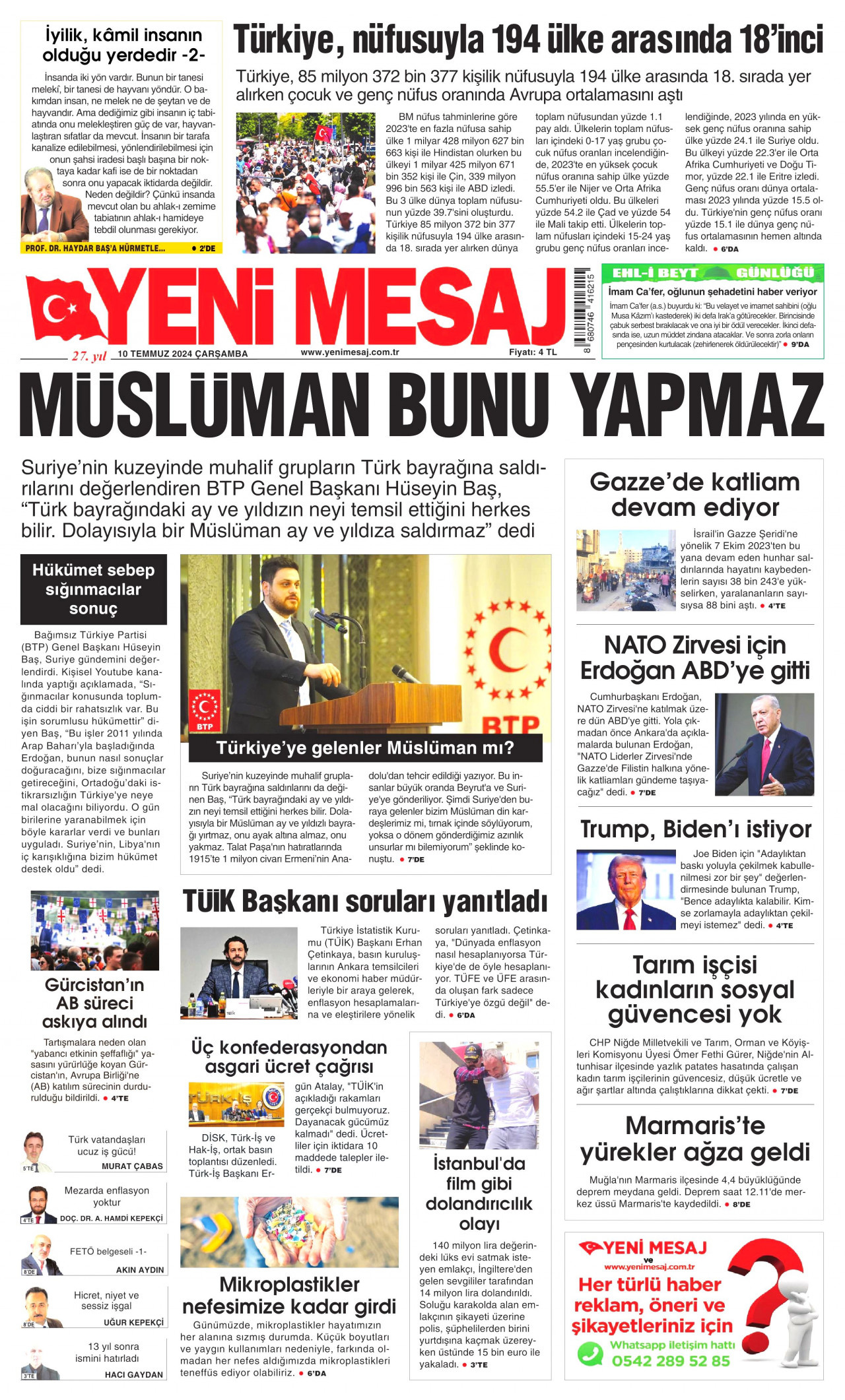 YENİ MESAJ gazetesinin 10 Temmuz 2024 tarihli birinci sayfası