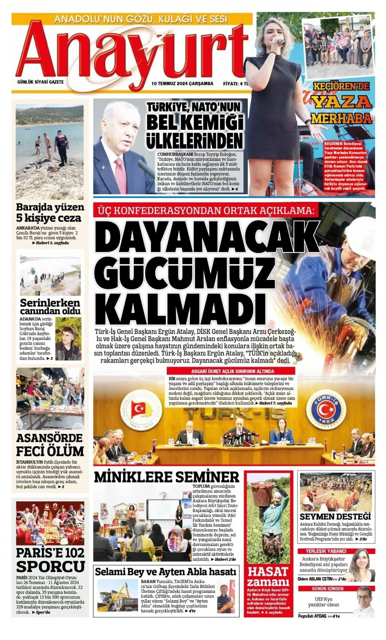 ANAYURT gazetesinin 10 Temmuz 2024 tarihli birinci sayfası