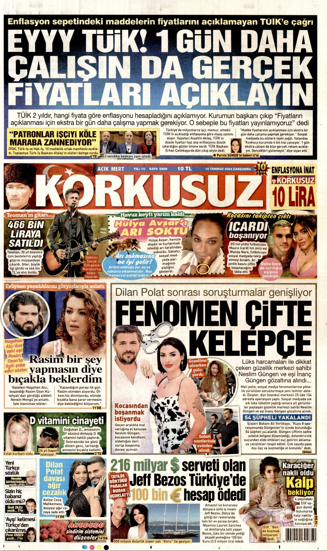 KORKUSUZ gazetesinin 10 Temmuz 2024 tarihli birinci sayfası