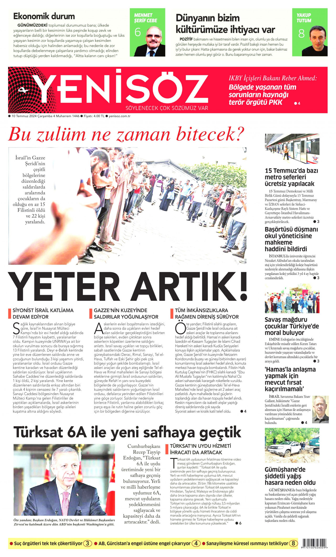 YENİ SÖZ GAZETESİ gazetesinin 10 Temmuz 2024 tarihli birinci sayfası