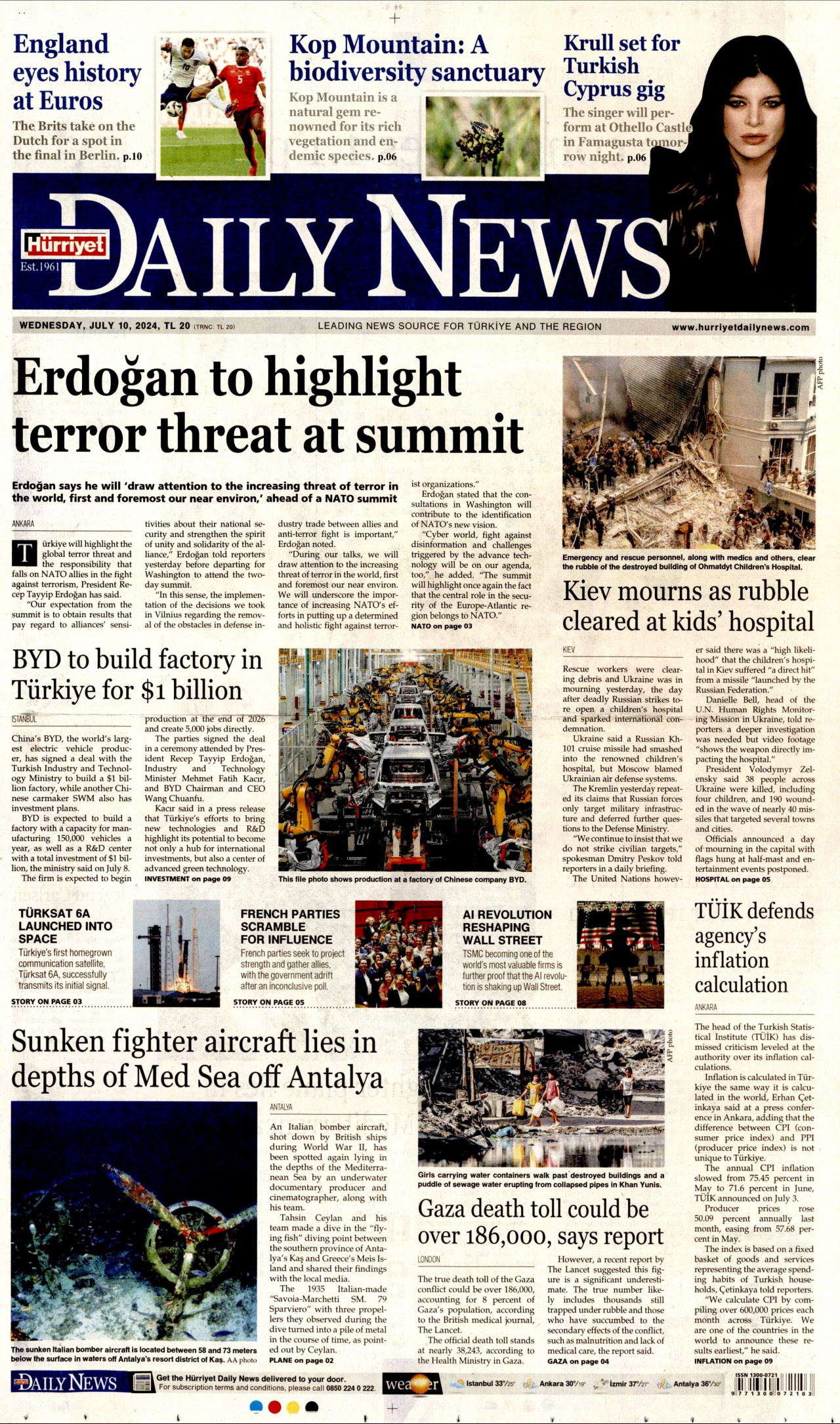 HÜRRİYET DAİLY NEWS gazetesinin 10 Temmuz 2024 tarihli birinci sayfası