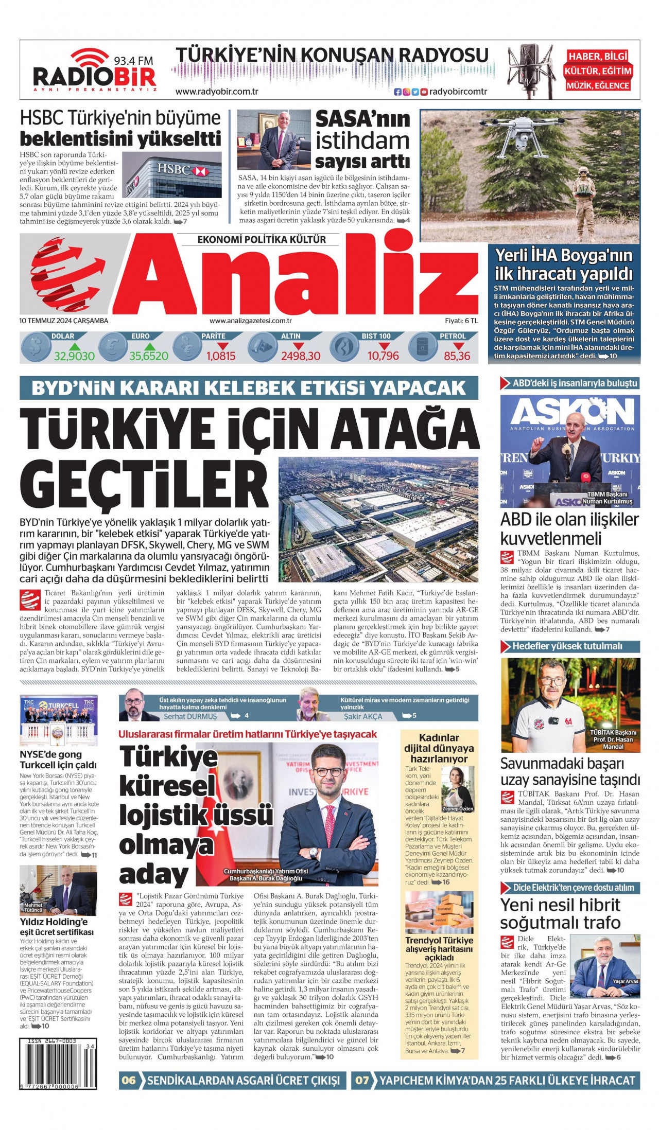 ANALİZ gazetesinin 10 Temmuz 2024 tarihli birinci sayfası