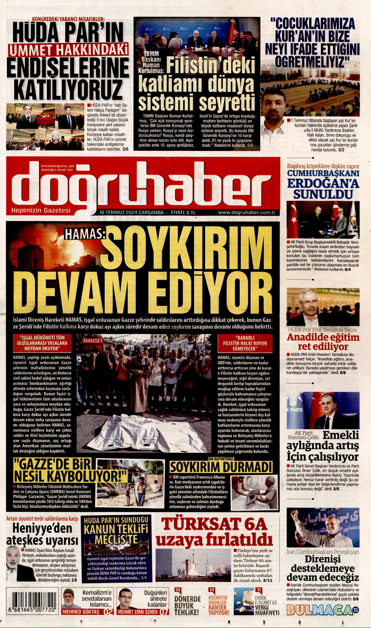 DOĞRU HABER gazetesinin 10 Temmuz 2024 tarihli birinci sayfası