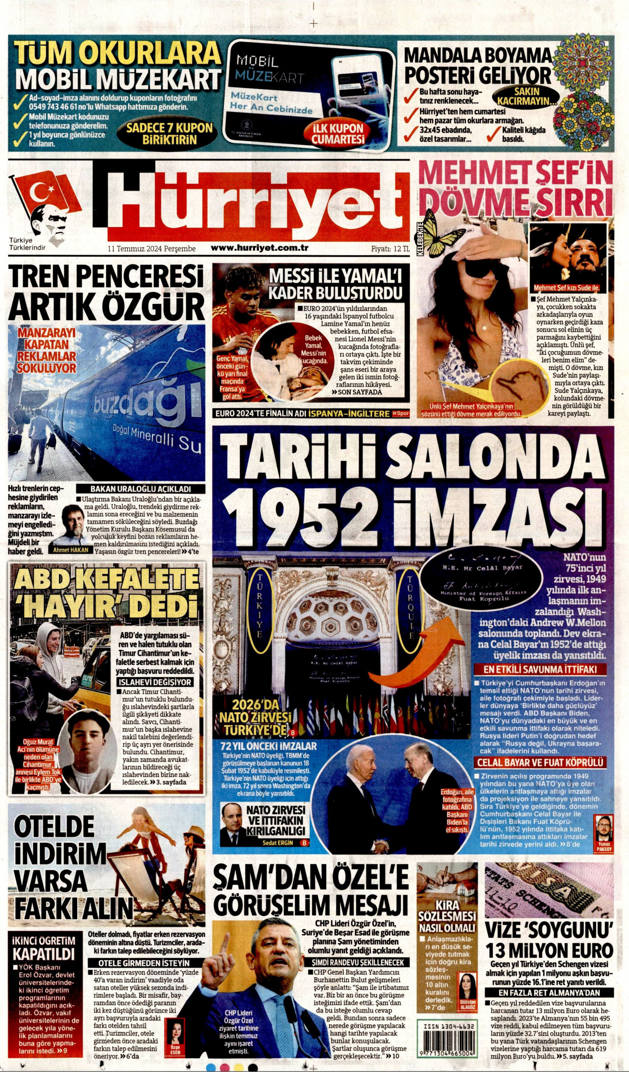 HÜRRİYET gazetesinin 11 Temmuz 2024 tarihli birinci sayfası