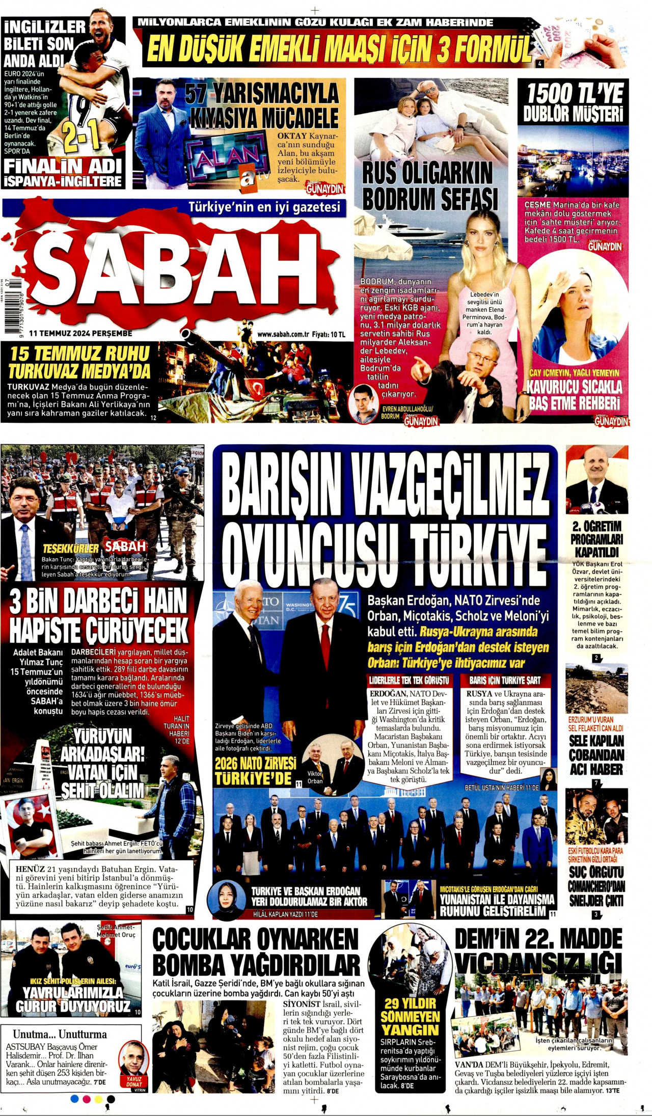 SABAH gazetesinin 11 Temmuz 2024 tarihli birinci sayfası