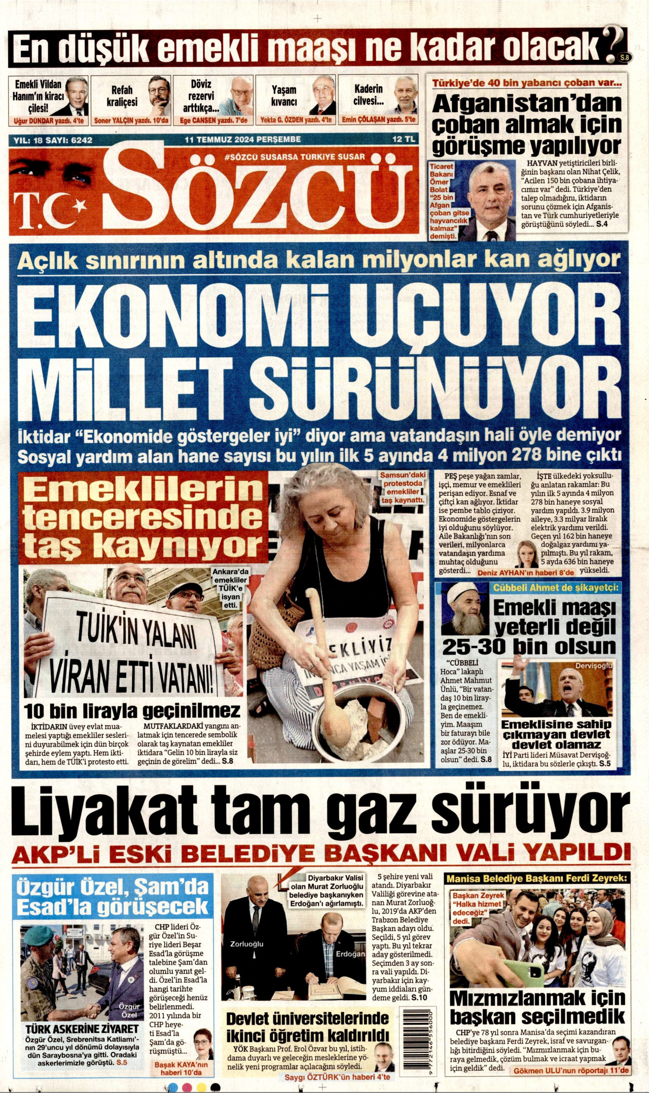 SÖZCÜ gazetesinin 11 Temmuz 2024 tarihli birinci sayfası
