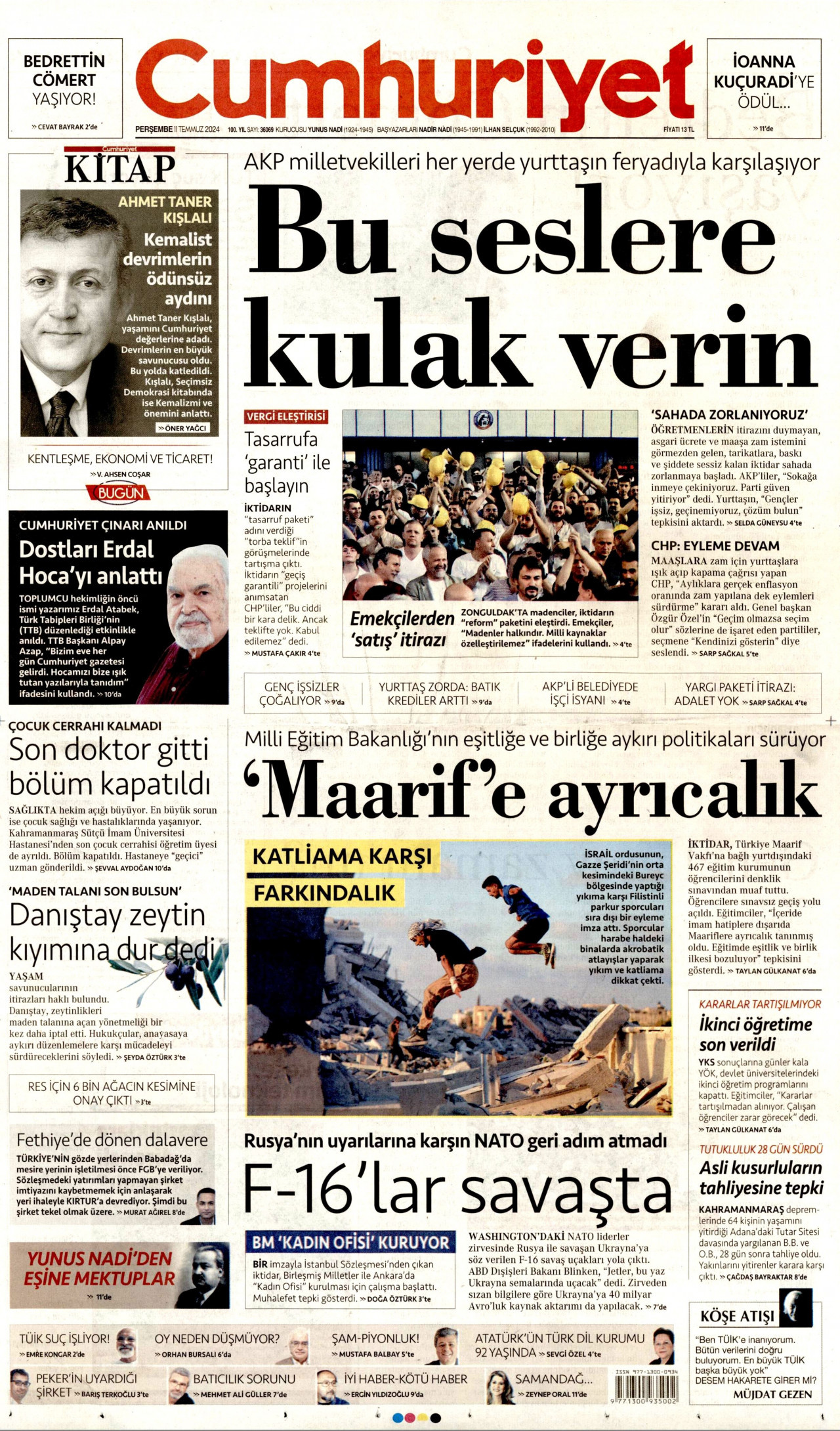 CUMHURİYET gazetesinin 11 Temmuz 2024 tarihli birinci sayfası
