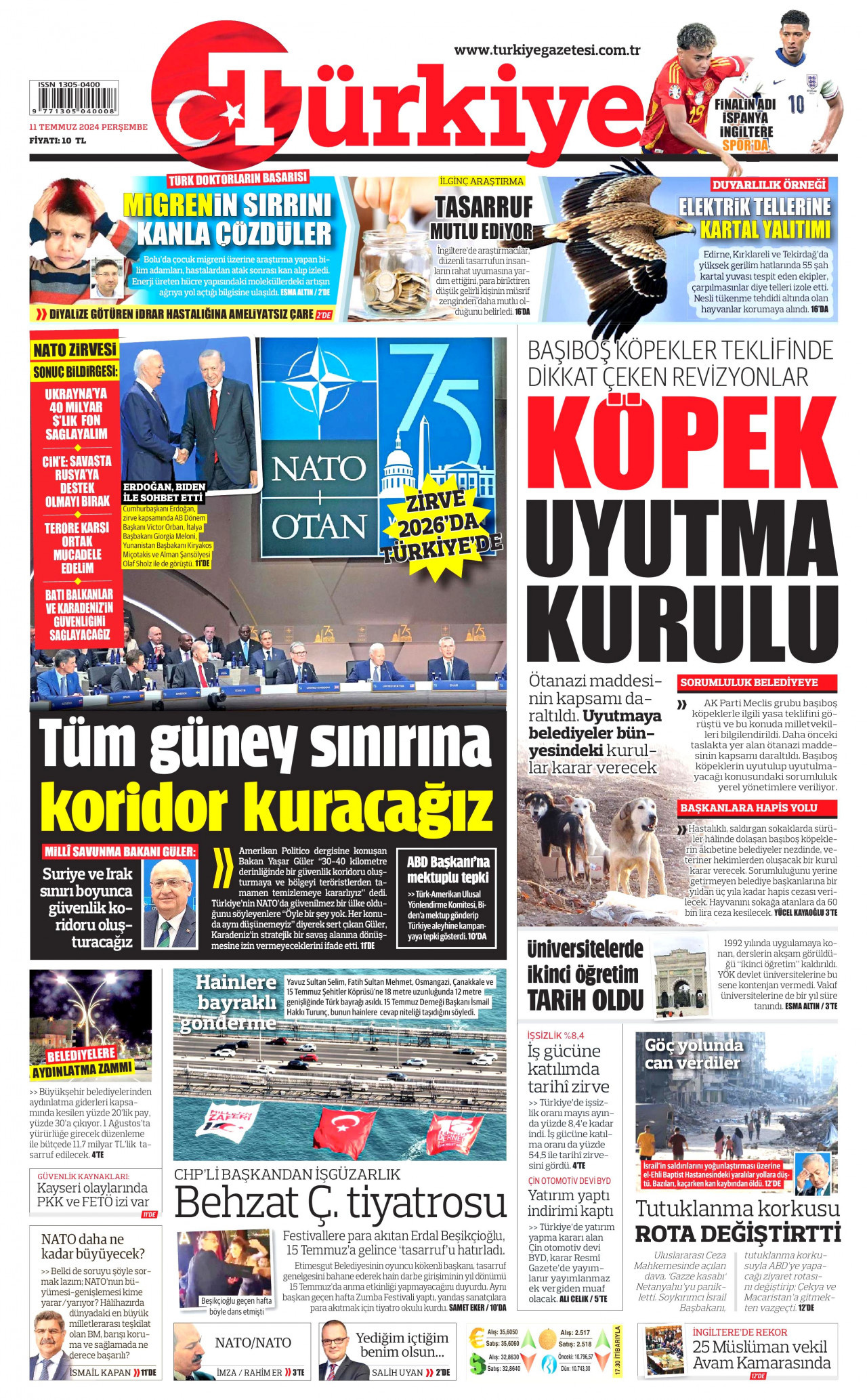 TÜRKİYE GAZETESİ gazetesinin 11 Temmuz 2024 tarihli birinci sayfası