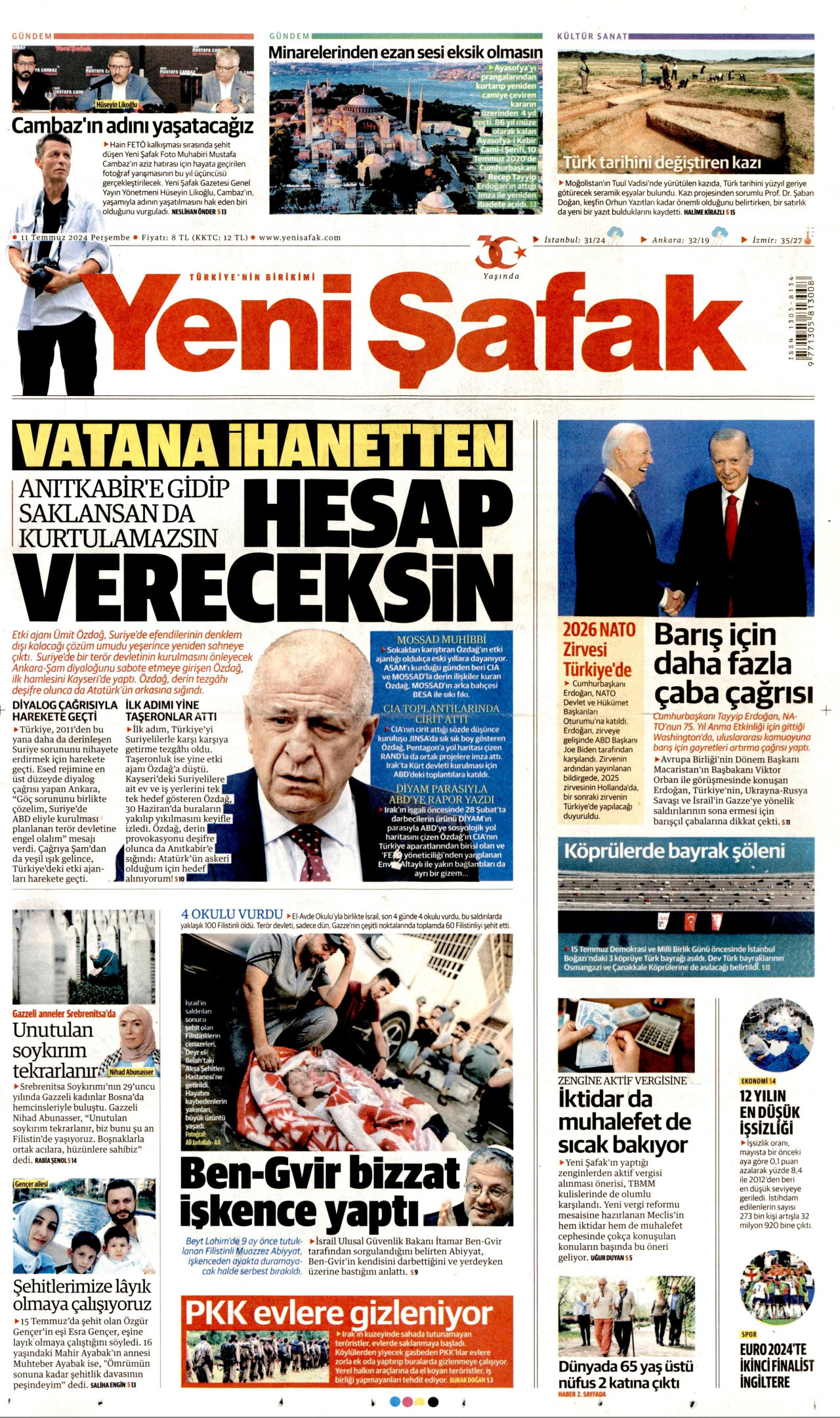 YENİ ŞAFAK gazetesinin 11 Temmuz 2024 tarihli birinci sayfası