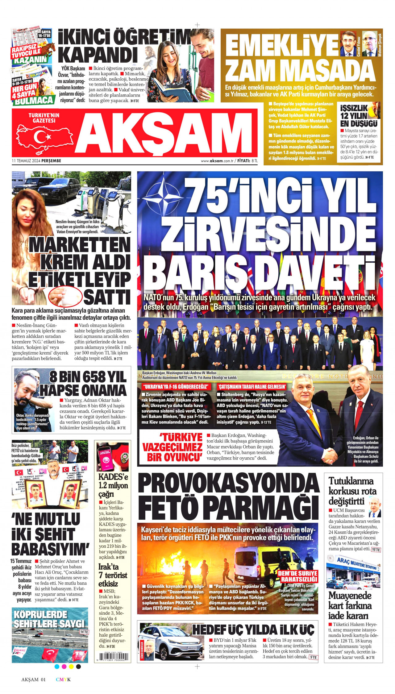 AKŞAM gazetesinin 11 Temmuz 2024 tarihli birinci sayfası
