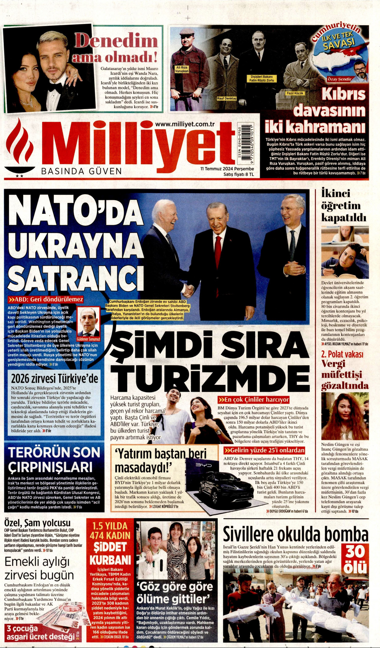 MİLLİYET gazetesinin 11 Temmuz 2024 tarihli birinci sayfası