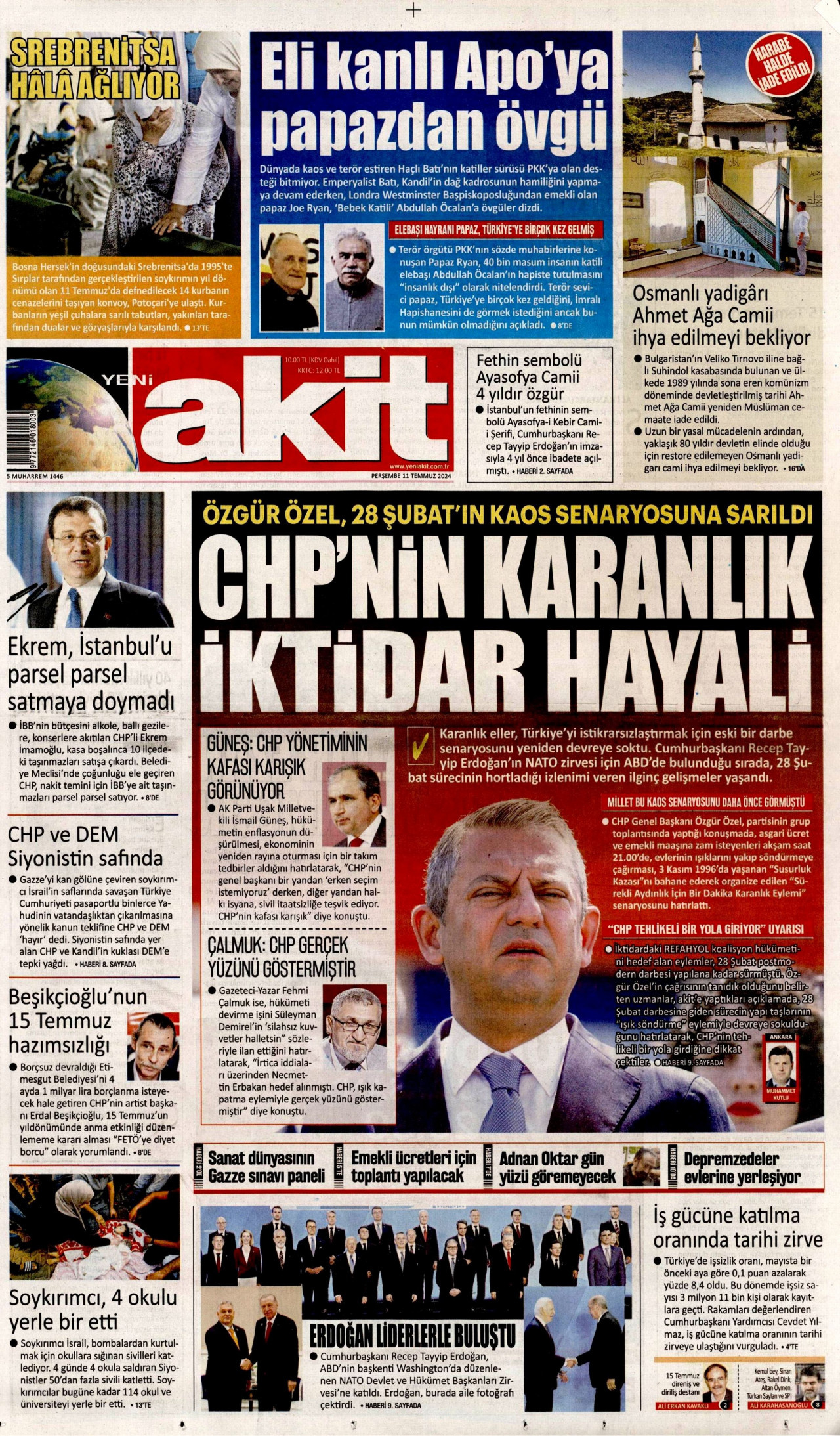 YENİ AKİT gazetesinin 11 Temmuz 2024 tarihli birinci sayfası