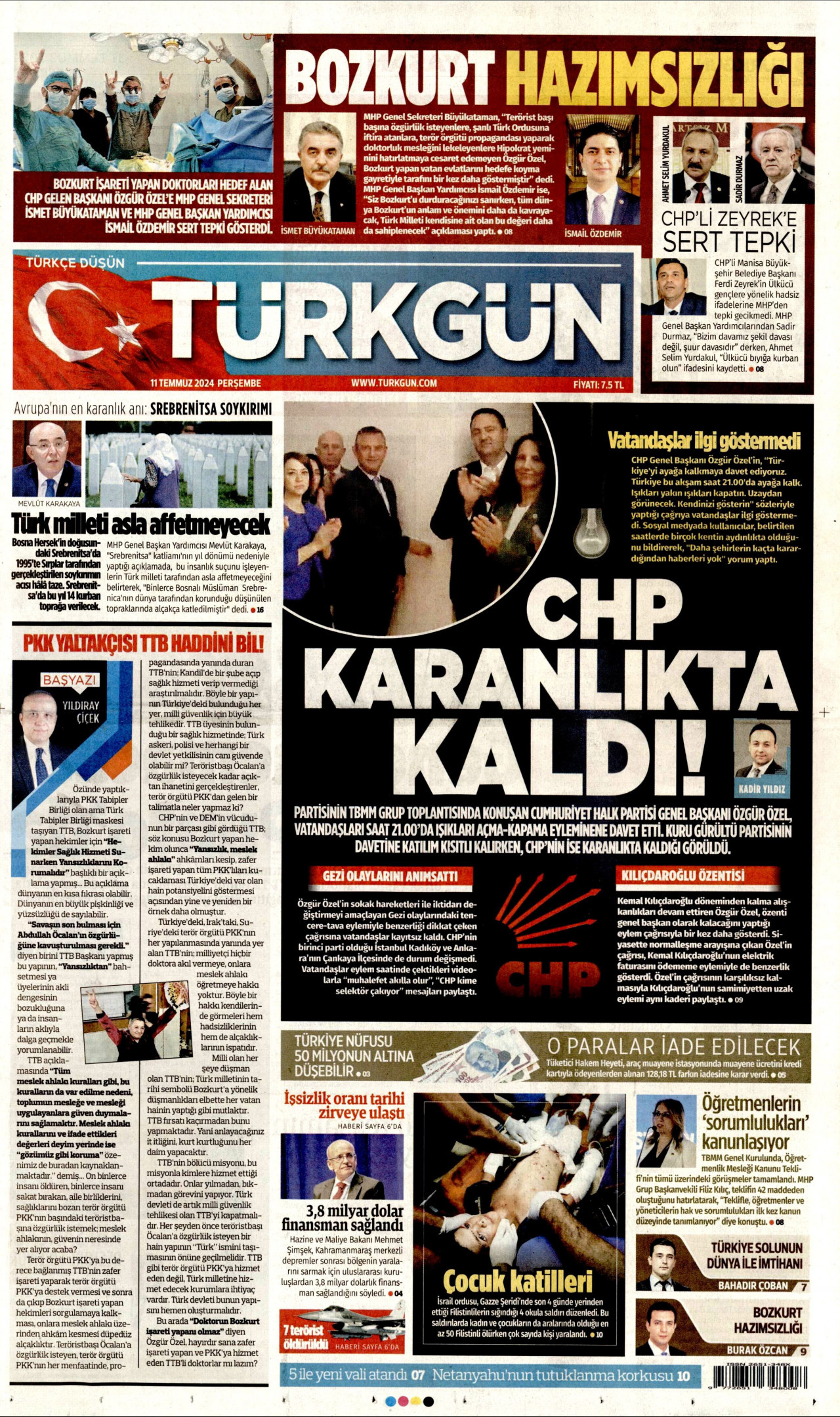 TÜRKGÜN gazetesinin 11 Temmuz 2024 tarihli birinci sayfası
