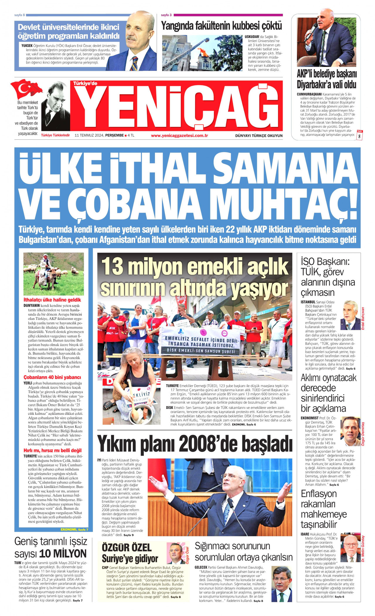YENİÇAĞ gazetesinin 11 Temmuz 2024 tarihli birinci sayfası