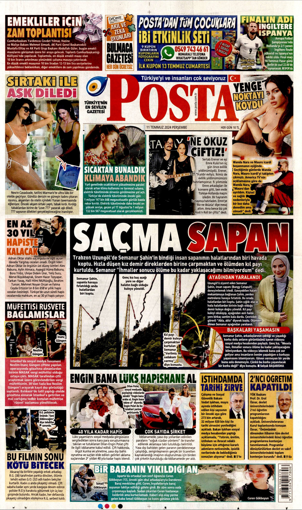 POSTA gazetesinin 11 Temmuz 2024 tarihli birinci sayfası