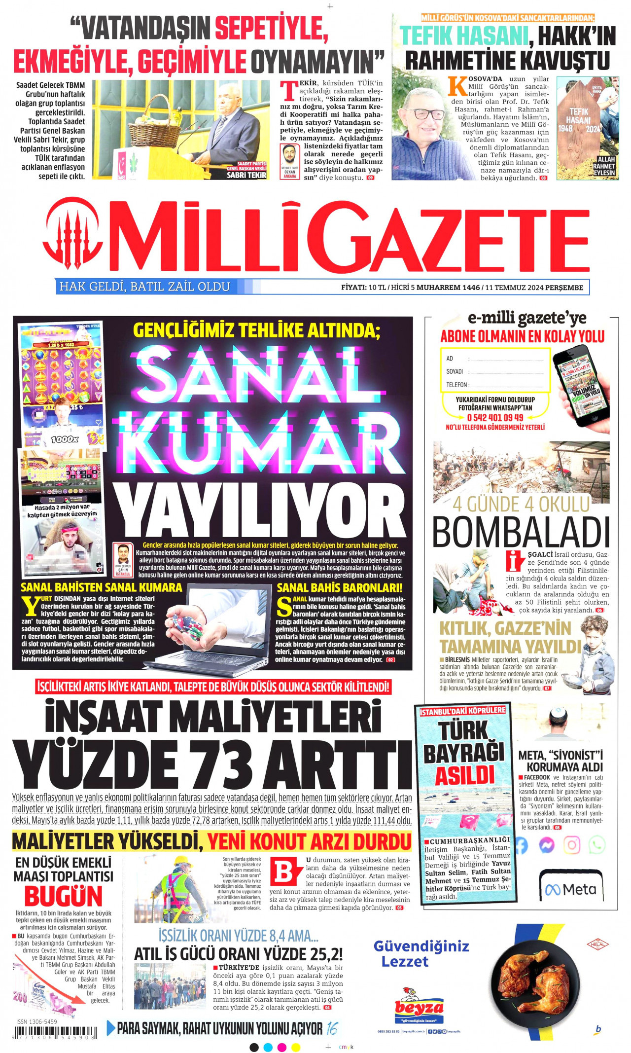 MİLLİ GAZETE gazetesinin 11 Temmuz 2024 tarihli birinci sayfası