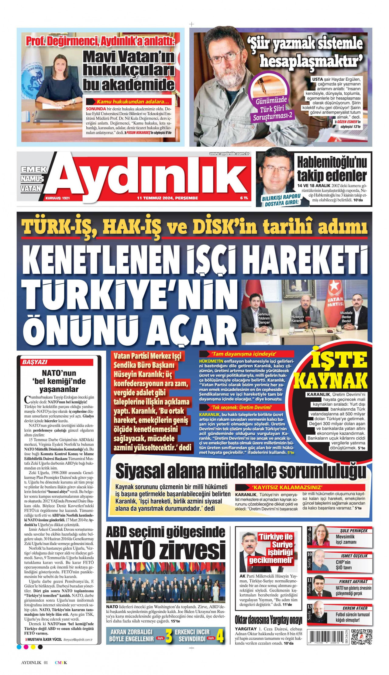 AYDINLIK GAZETESİ gazetesinin 11 Temmuz 2024 tarihli birinci sayfası