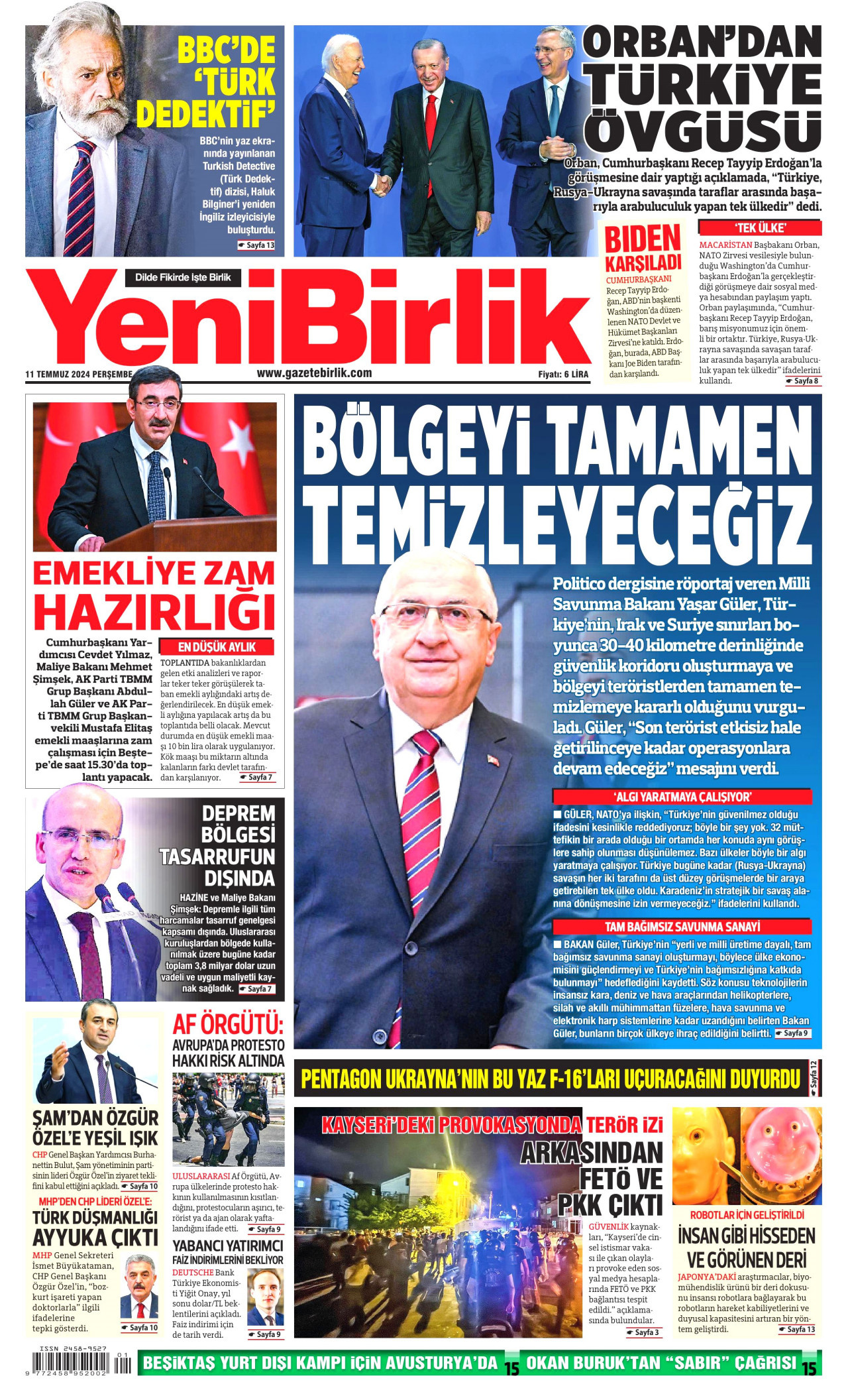 YENİBİRLİK gazetesinin 11 Temmuz 2024 tarihli birinci sayfası