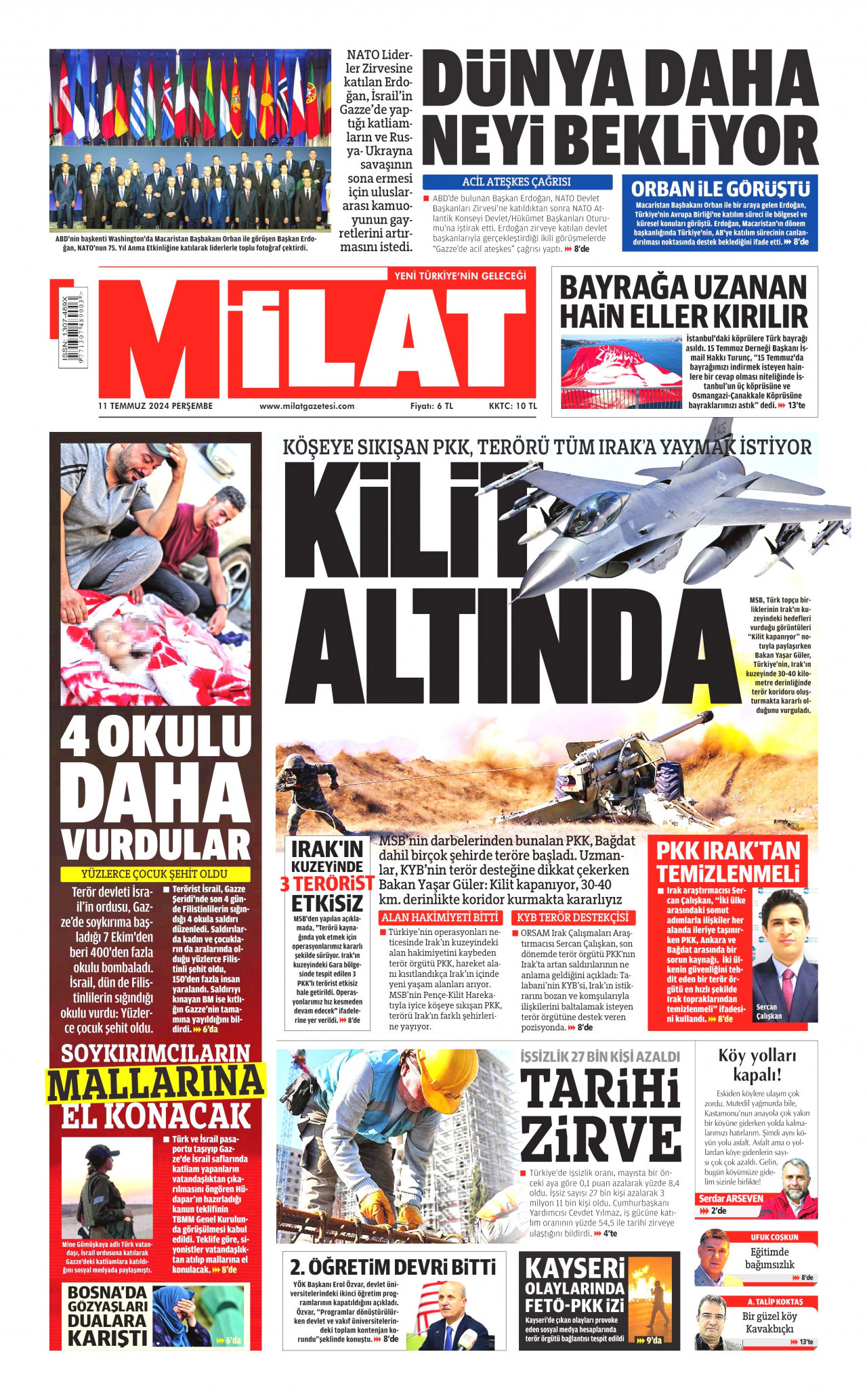 MİLAT gazetesinin 11 Temmuz 2024 tarihli birinci sayfası