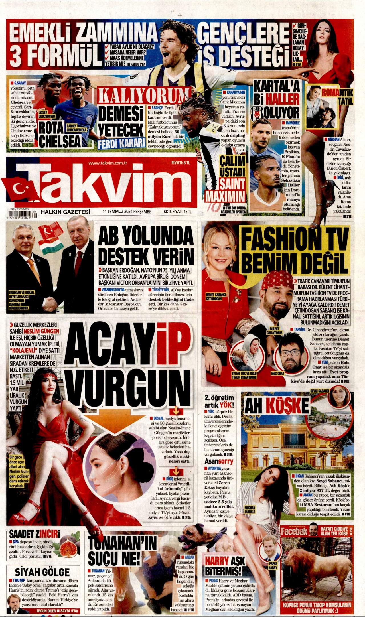 TAKVİM gazetesinin 11 Temmuz 2024 tarihli birinci sayfası