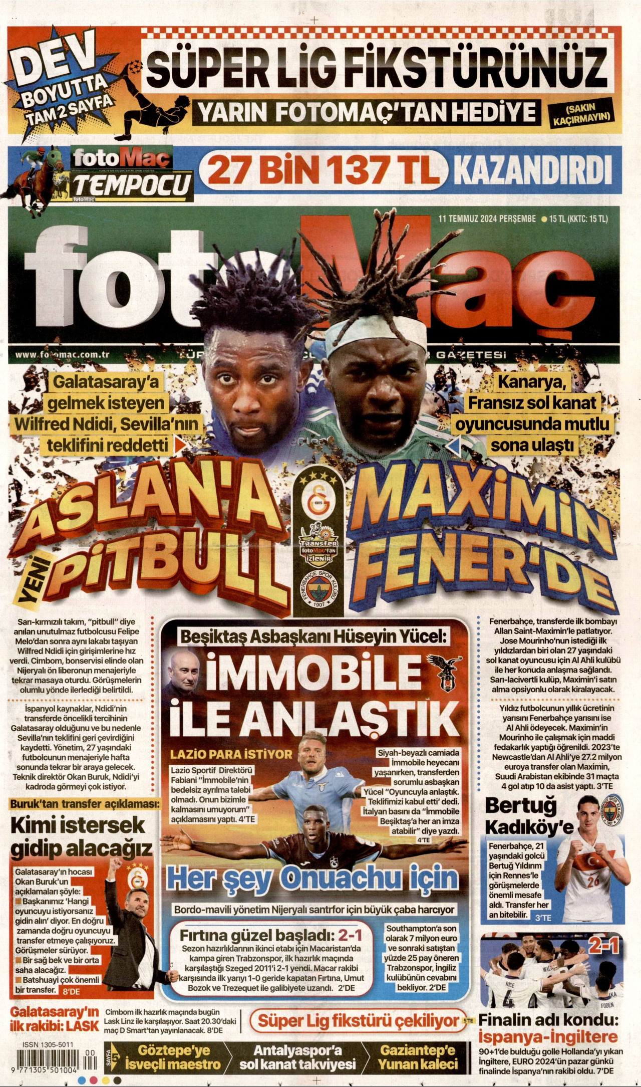 FOTOMAÇ gazetesinin 11 Temmuz 2024 tarihli birinci sayfası