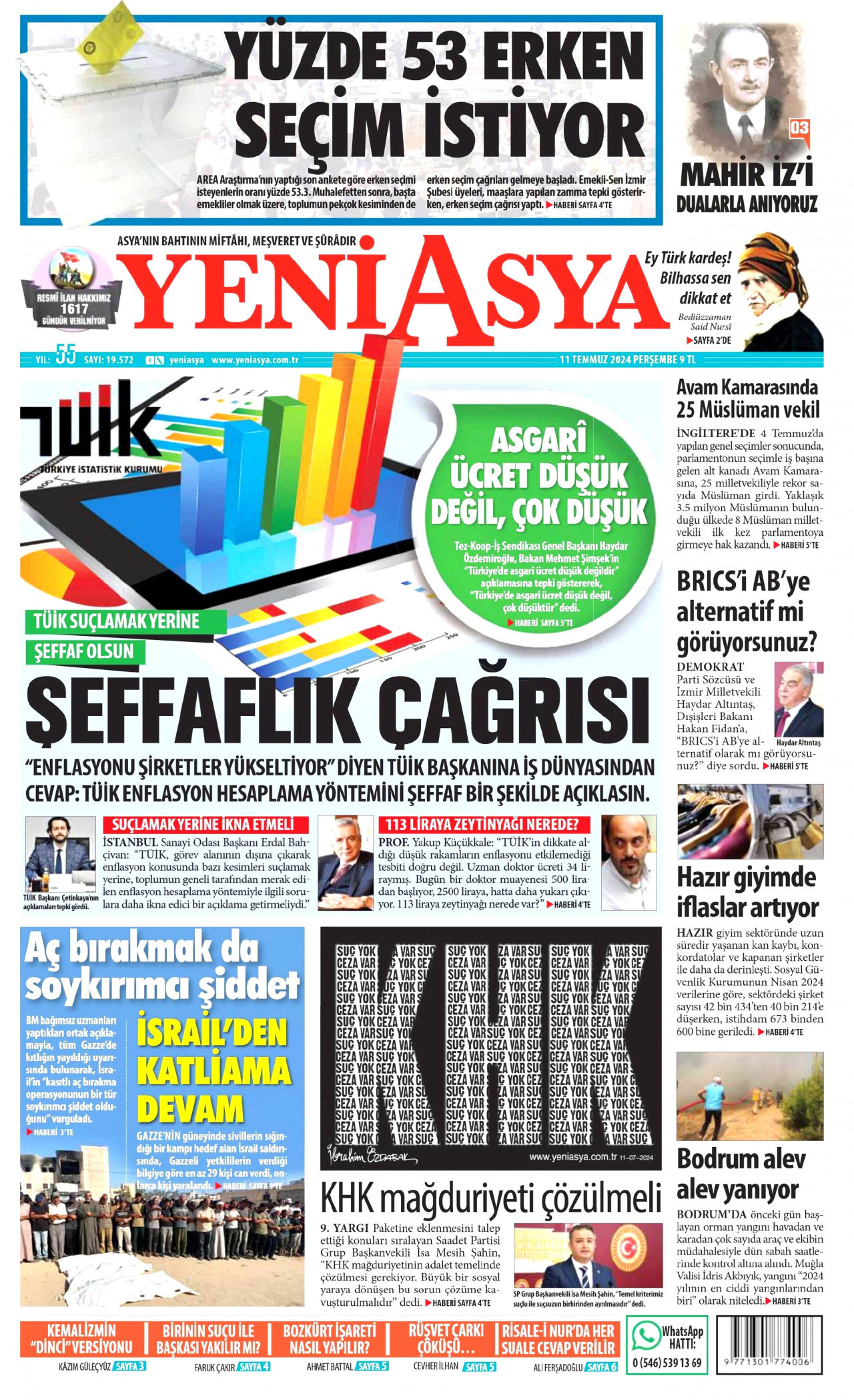 YENİ ASYA gazetesinin 11 Temmuz 2024 tarihli birinci sayfası