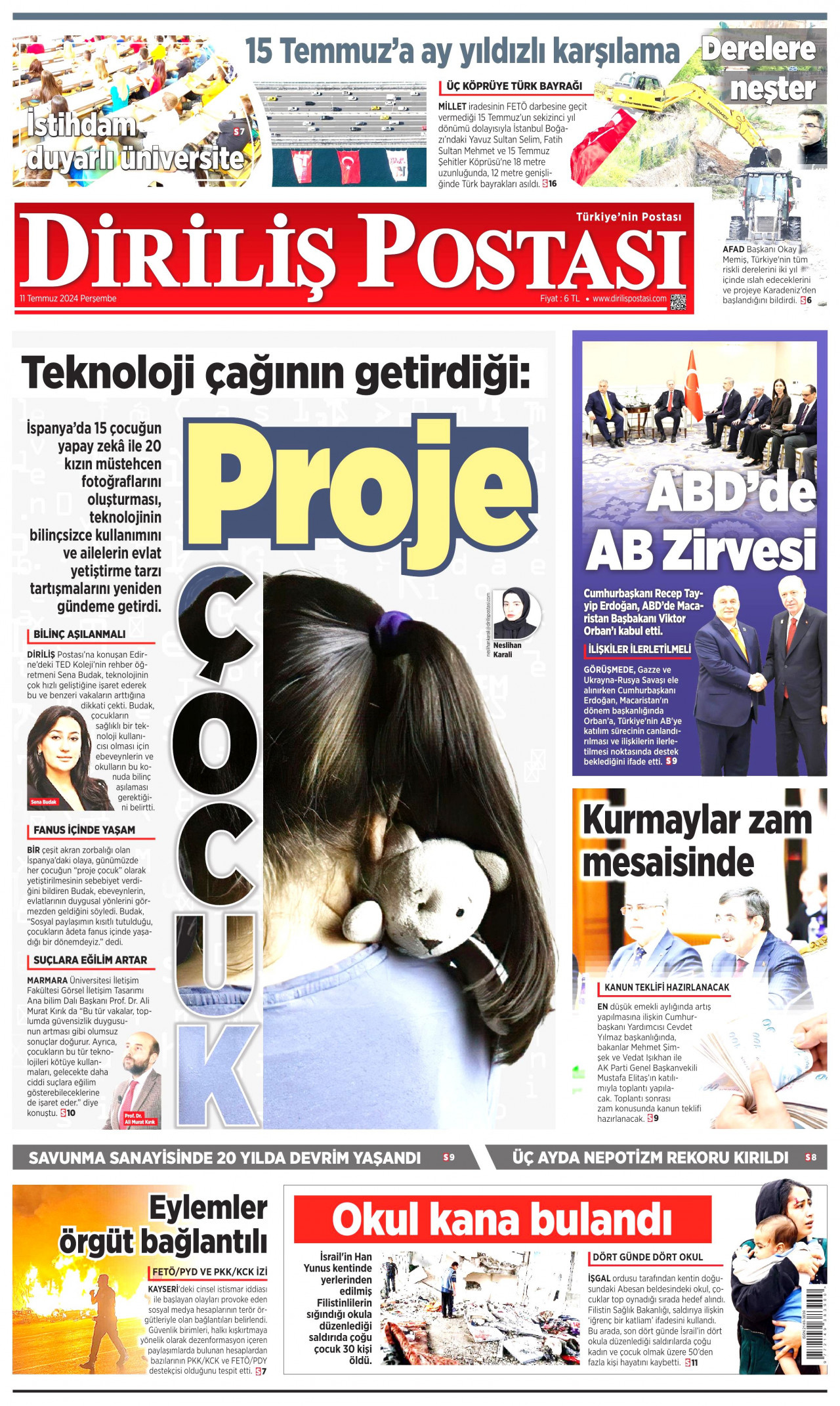 DİRİLİŞ POSTASI gazetesinin 11 Temmuz 2024 tarihli birinci sayfası