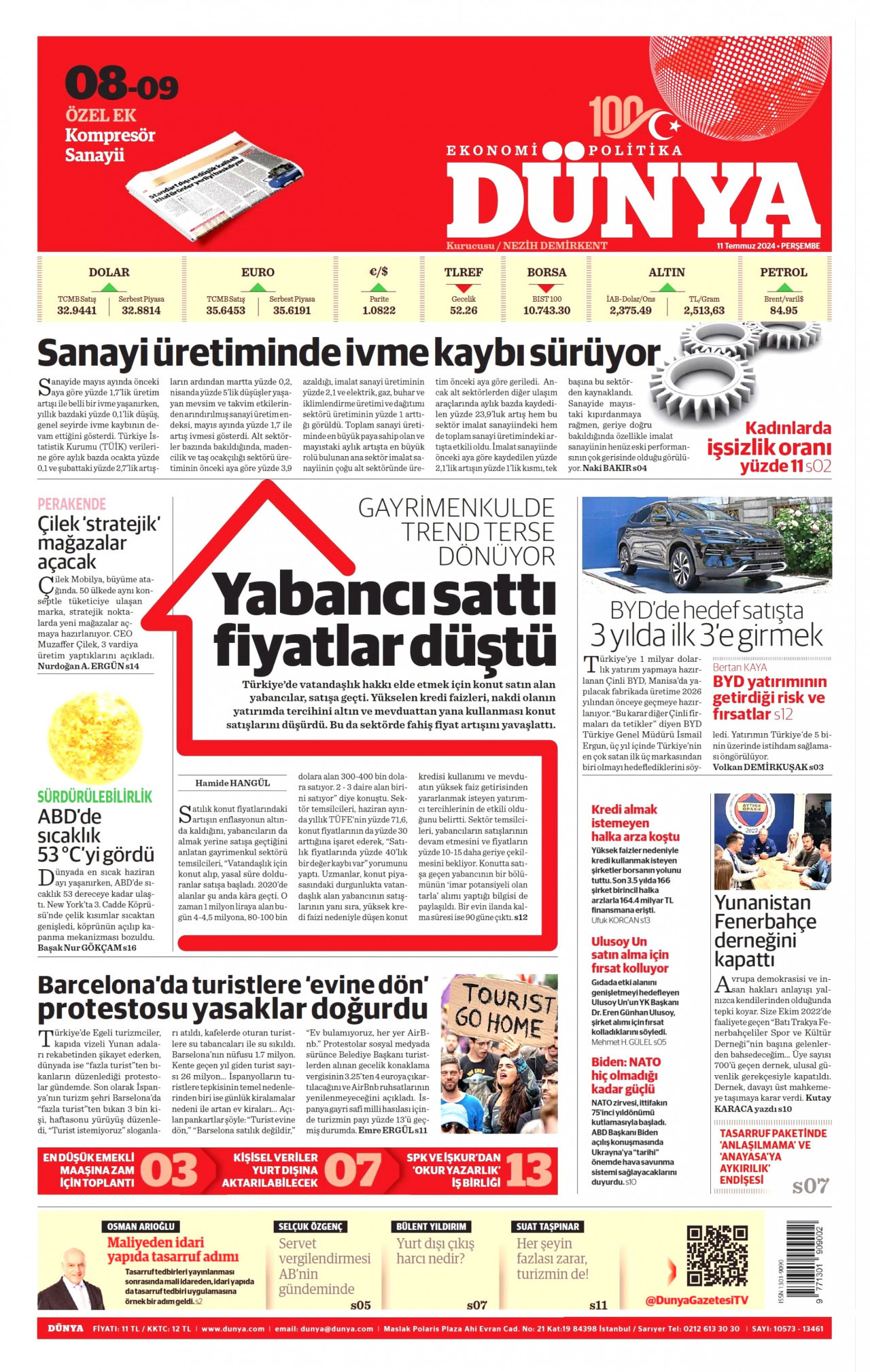 DÜNYA gazetesinin 11 Temmuz 2024 tarihli birinci sayfası