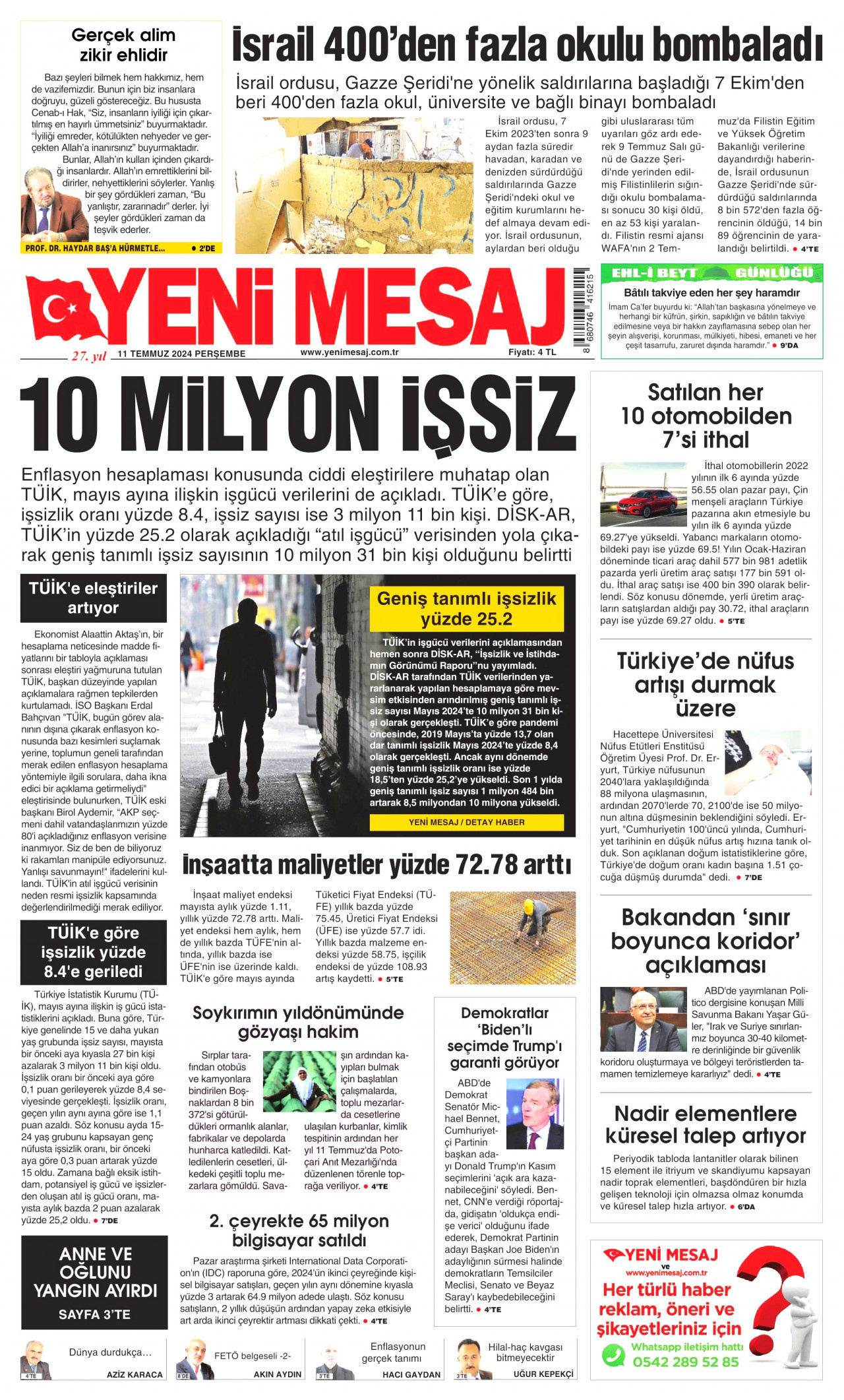 YENİ MESAJ gazetesinin 11 Temmuz 2024 tarihli birinci sayfası