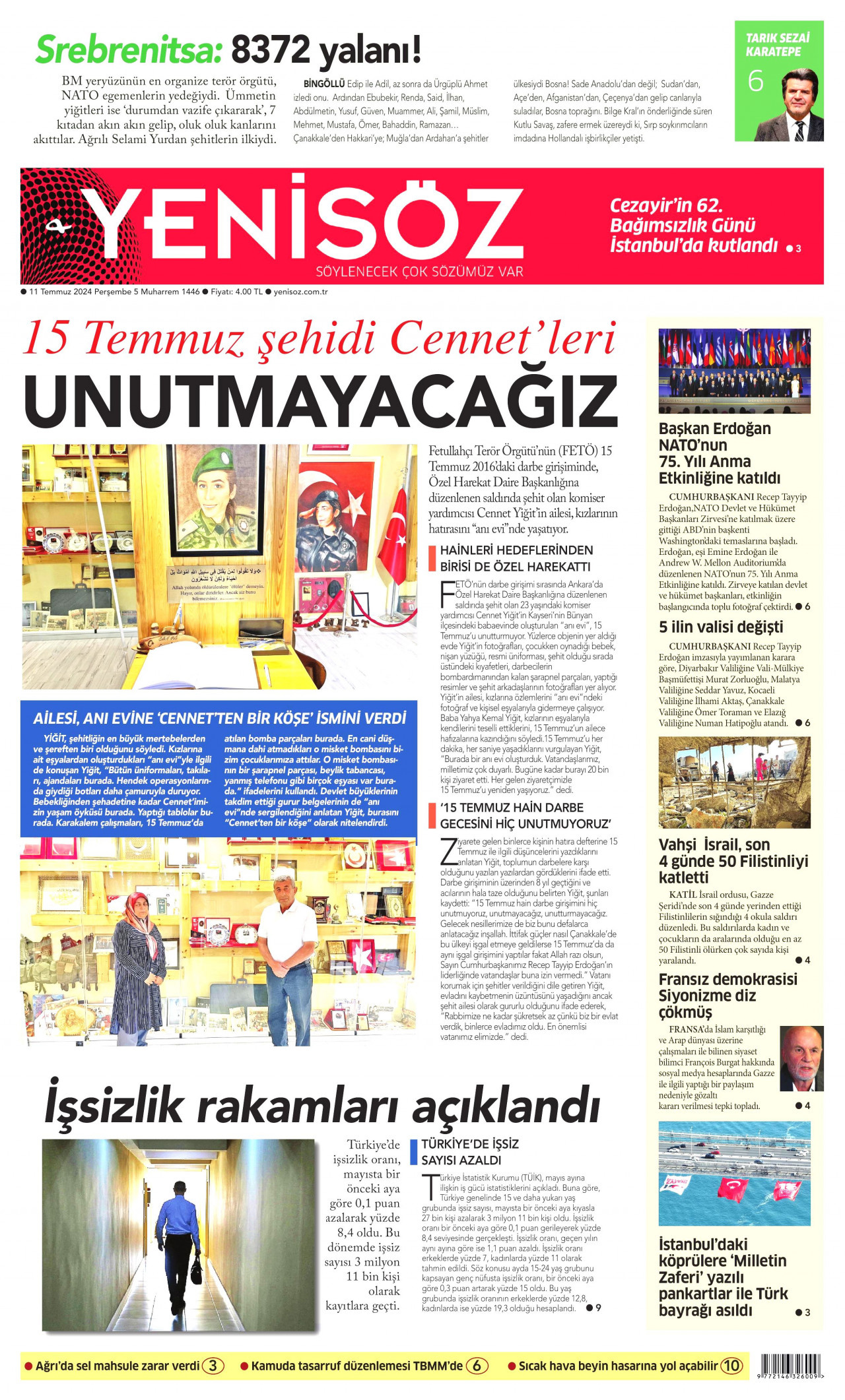 YENİ SÖZ GAZETESİ gazetesinin 11 Temmuz 2024 tarihli birinci sayfası