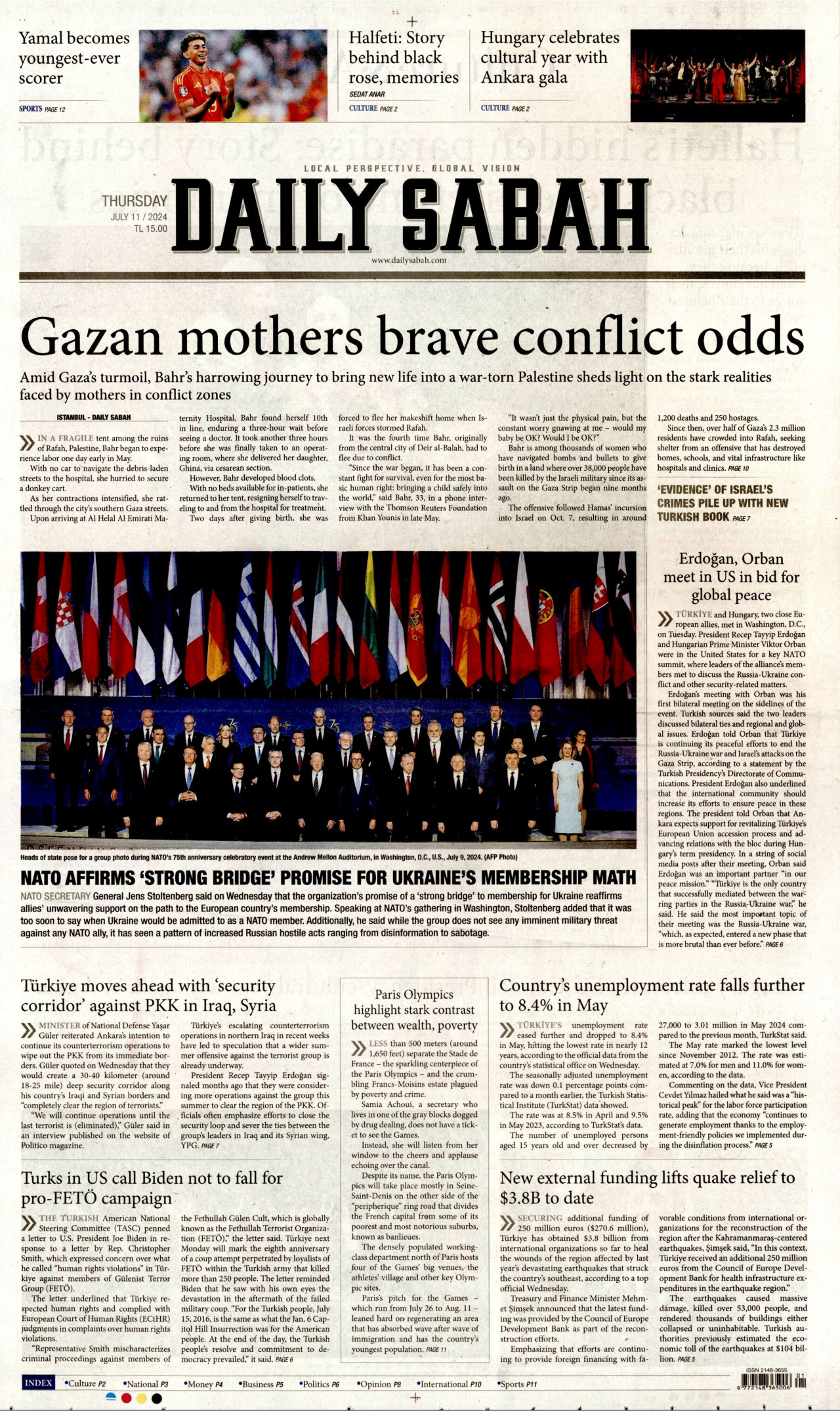 DAİLY SABAH gazetesinin 11 Temmuz 2024 tarihli birinci sayfası
