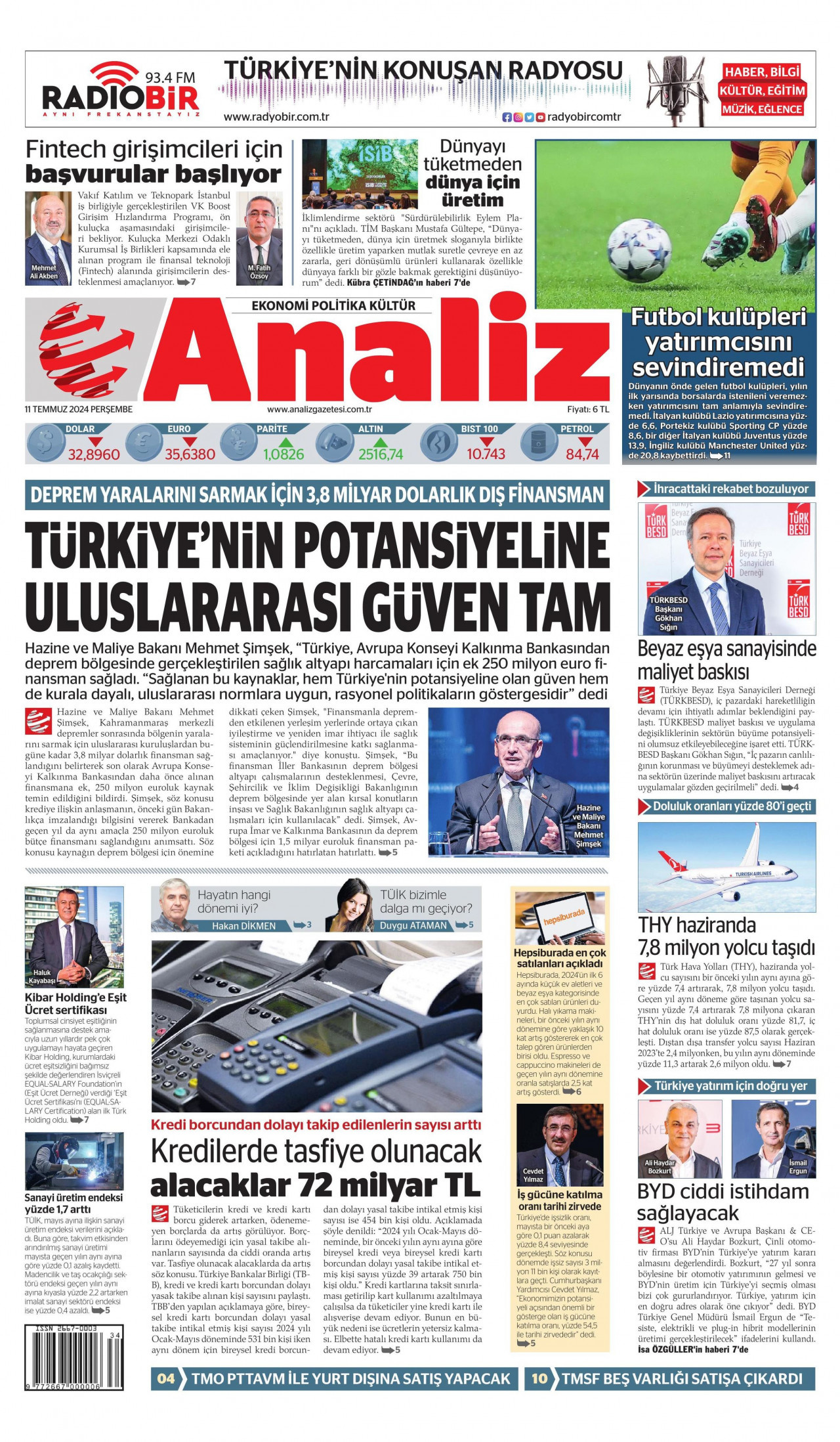 ANALİZ gazetesinin 11 Temmuz 2024 tarihli birinci sayfası