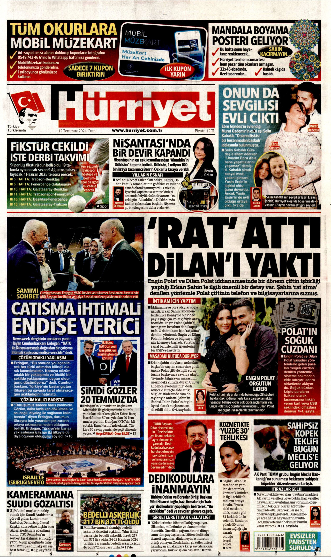 HÜRRİYET gazetesinin 12 Temmuz 2024 tarihli birinci sayfası
