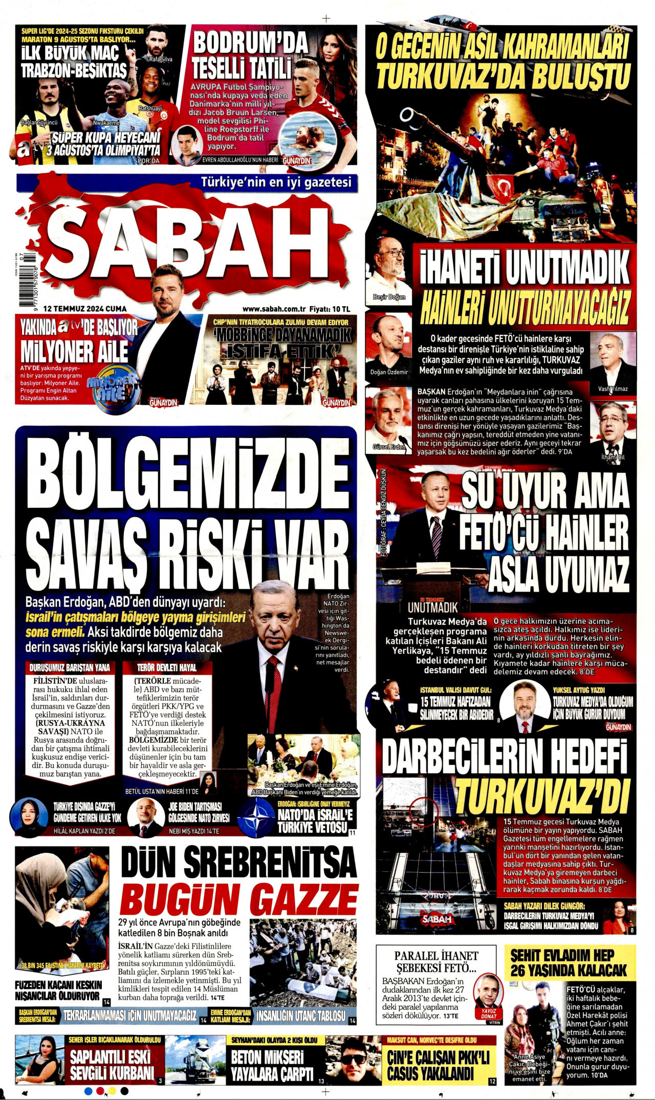 SABAH gazetesinin 12 Temmuz 2024 tarihli birinci sayfası