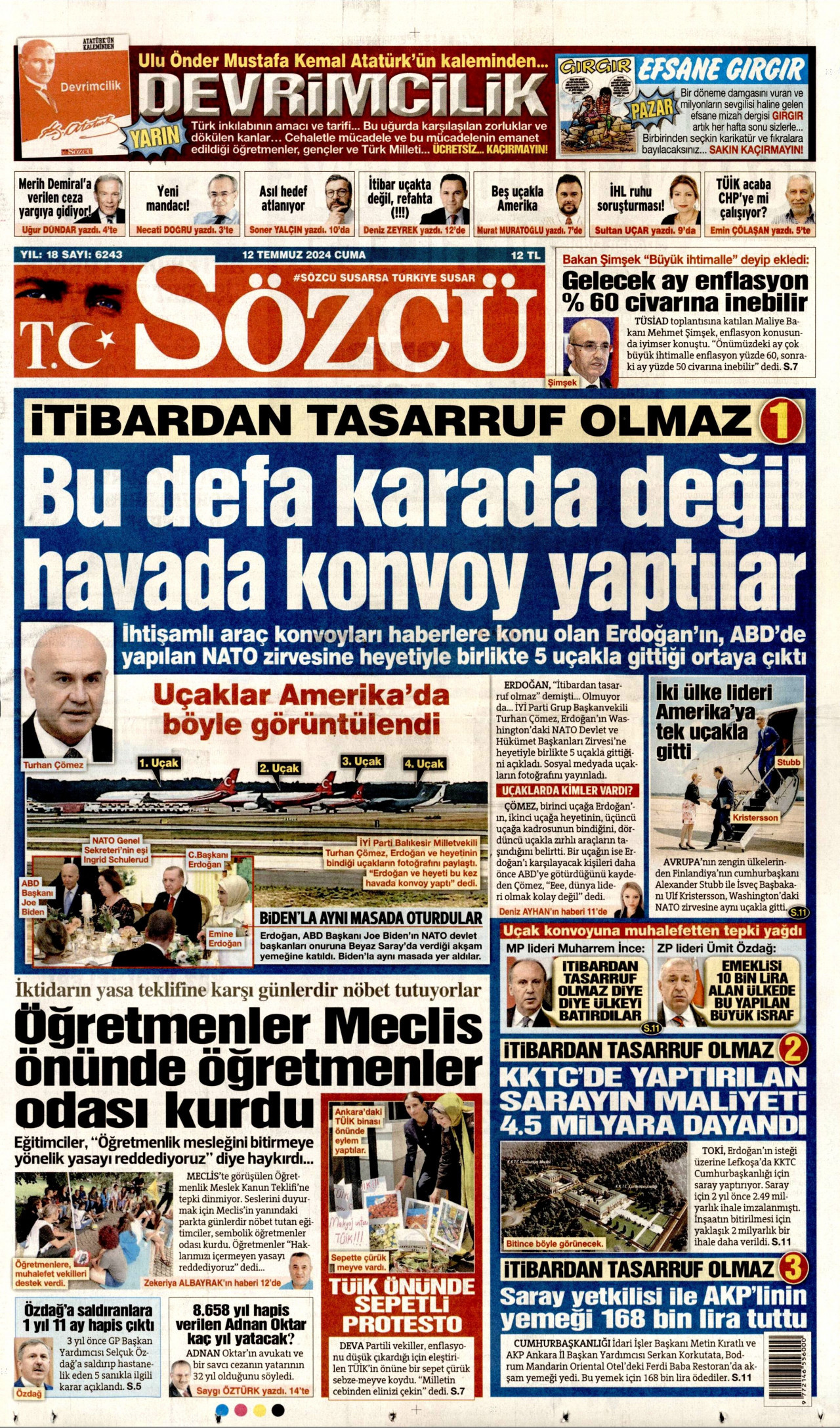 SÖZCÜ gazetesinin 12 Temmuz 2024 tarihli birinci sayfası