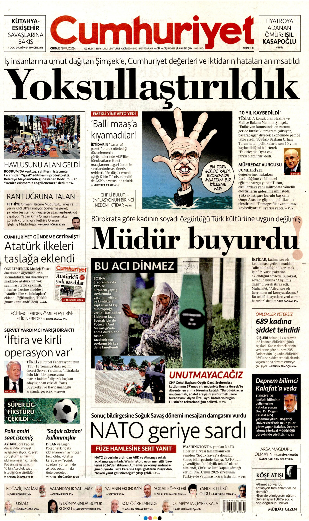 CUMHURİYET gazetesinin 12 Temmuz 2024 tarihli birinci sayfası