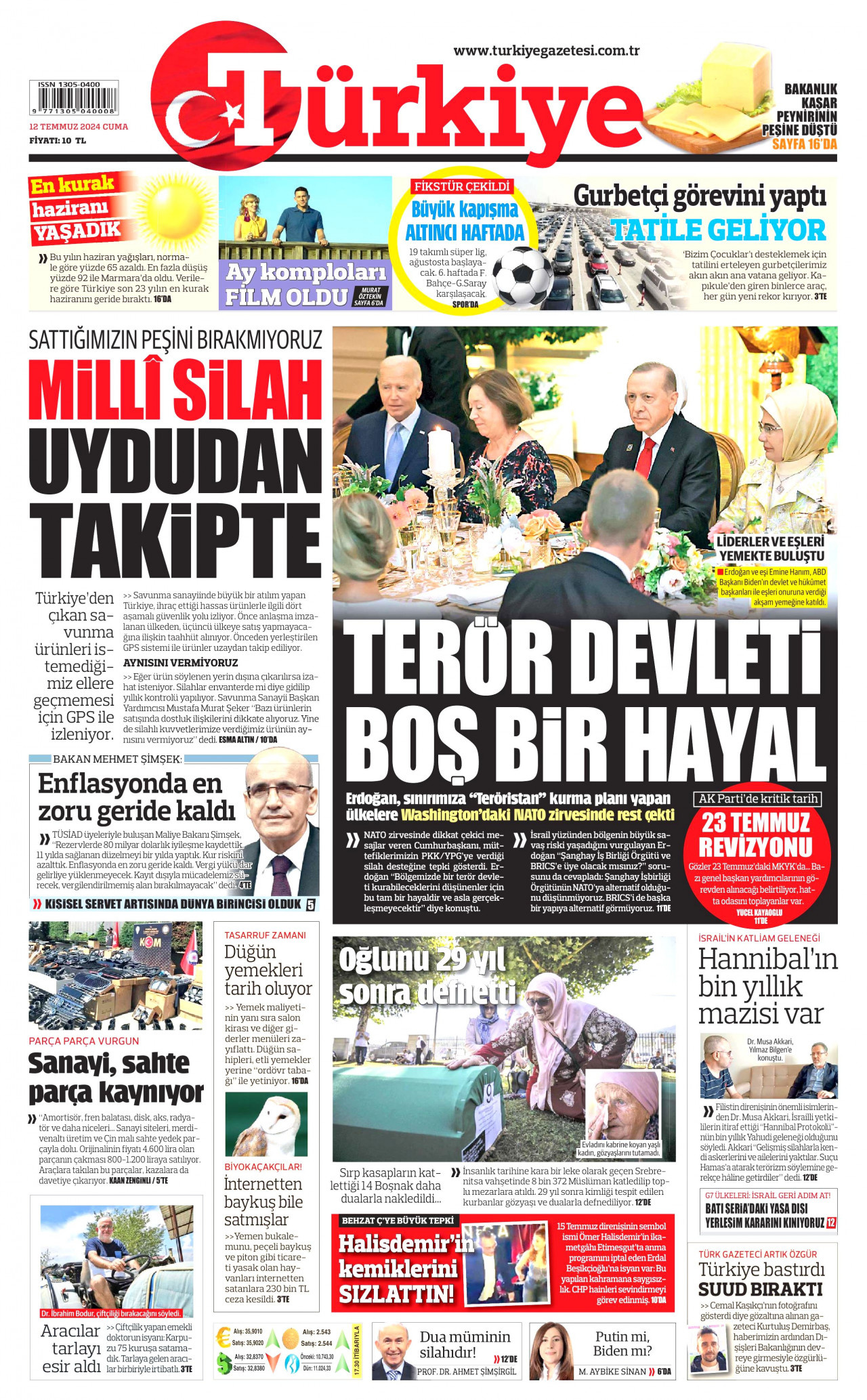 TÜRKİYE GAZETESİ gazetesinin 12 Temmuz 2024 tarihli birinci sayfası