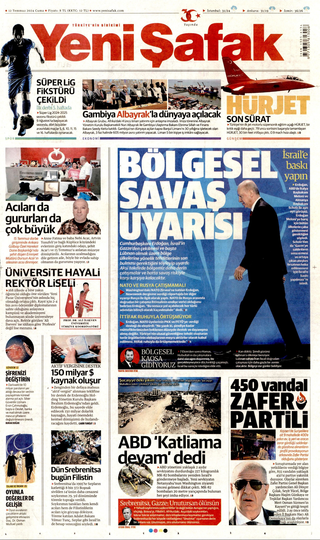 YENİ ŞAFAK gazetesinin 12 Temmuz 2024 tarihli birinci sayfası