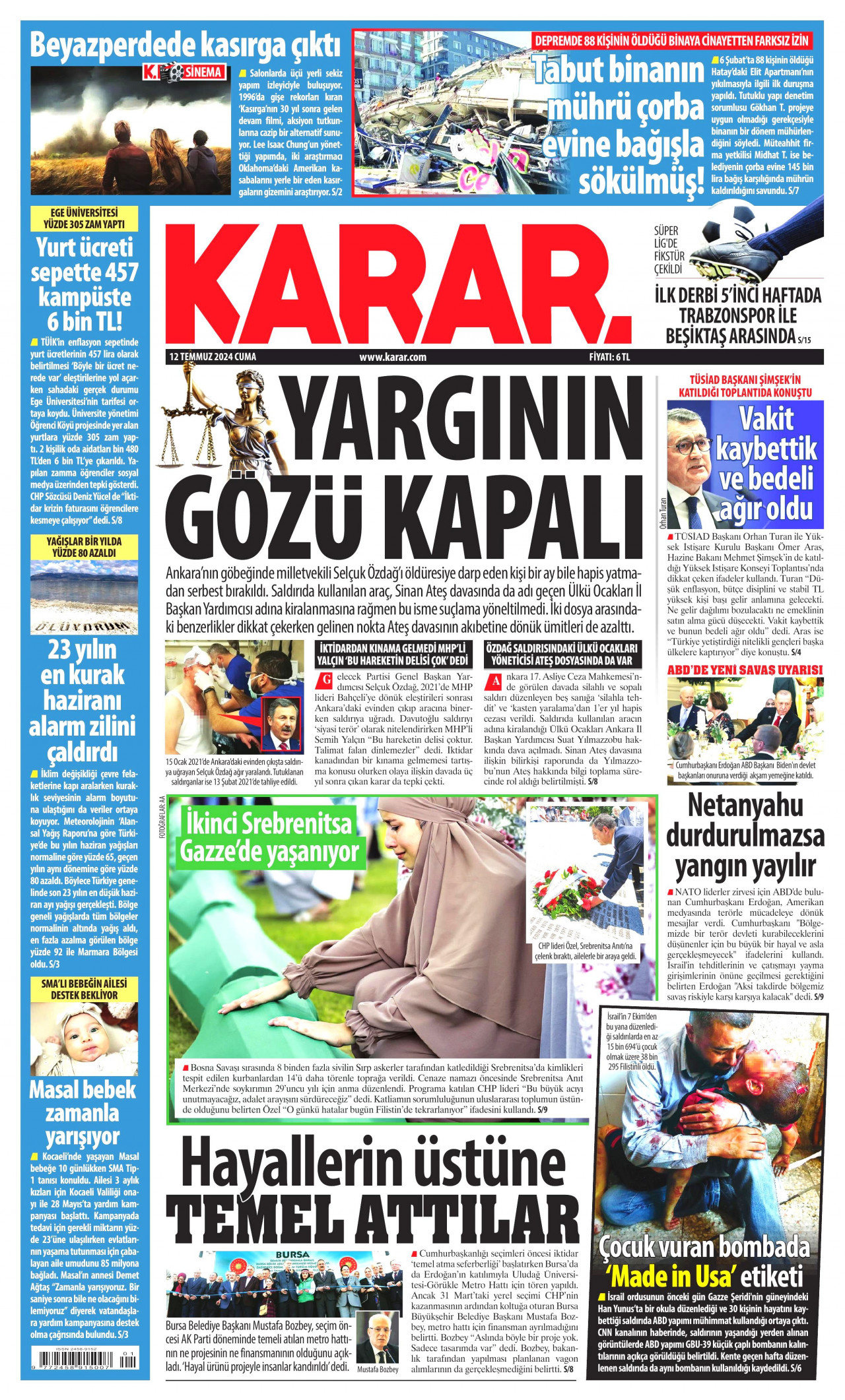 KARAR gazetesinin 12 Temmuz 2024 tarihli birinci sayfası