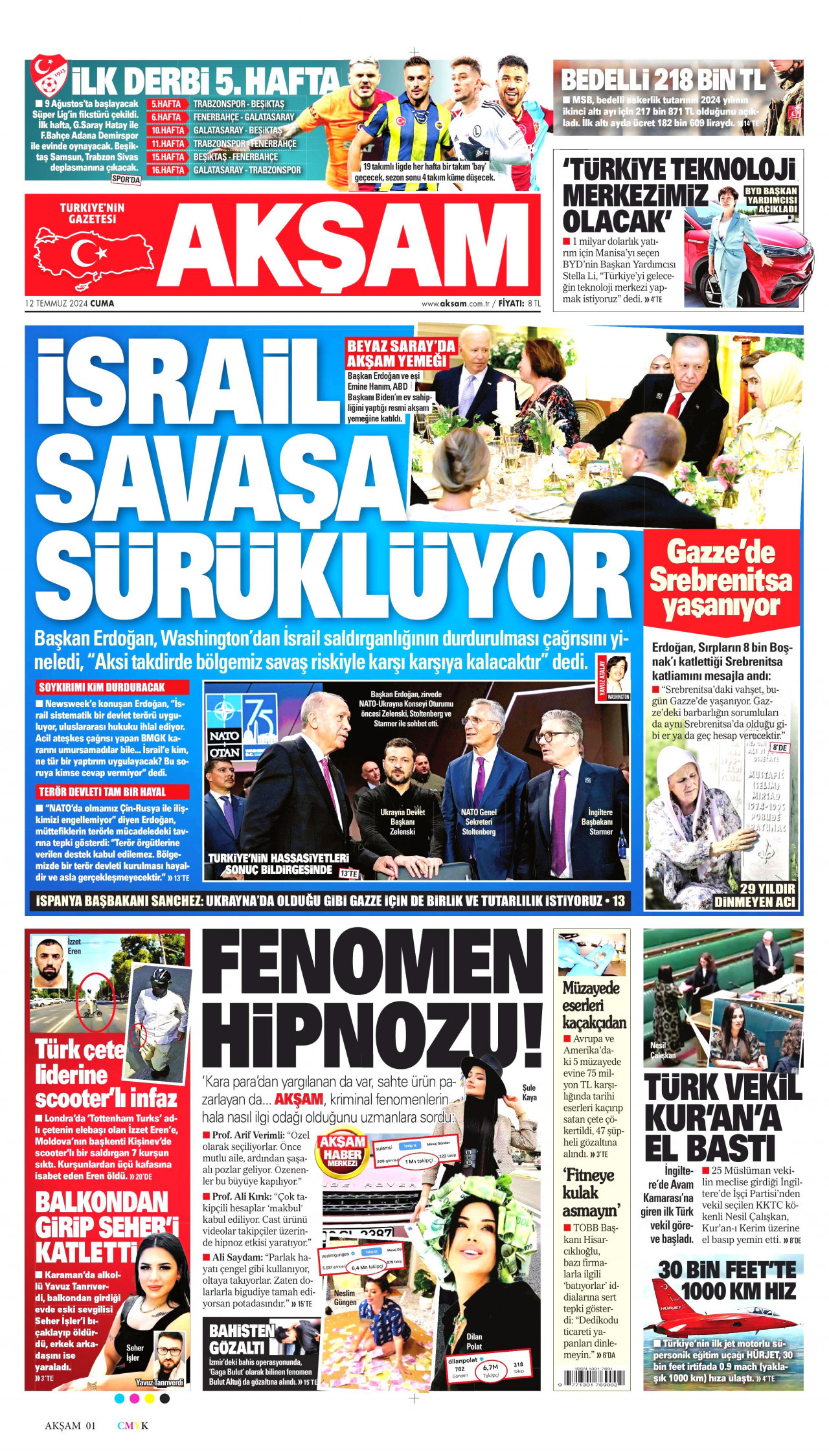 AKŞAM gazetesinin 12 Temmuz 2024 tarihli birinci sayfası