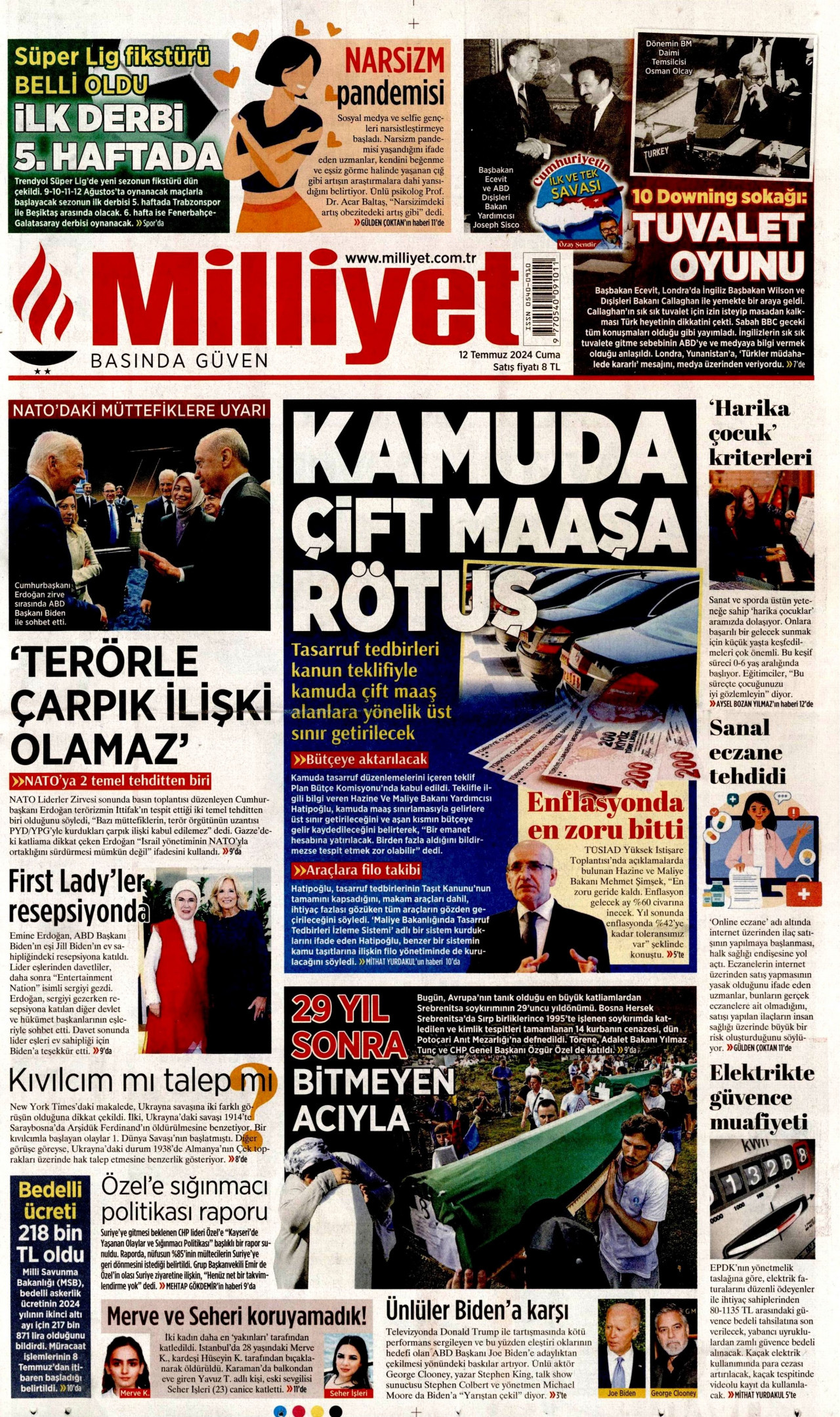 MİLLİYET gazetesinin 12 Temmuz 2024 tarihli birinci sayfası