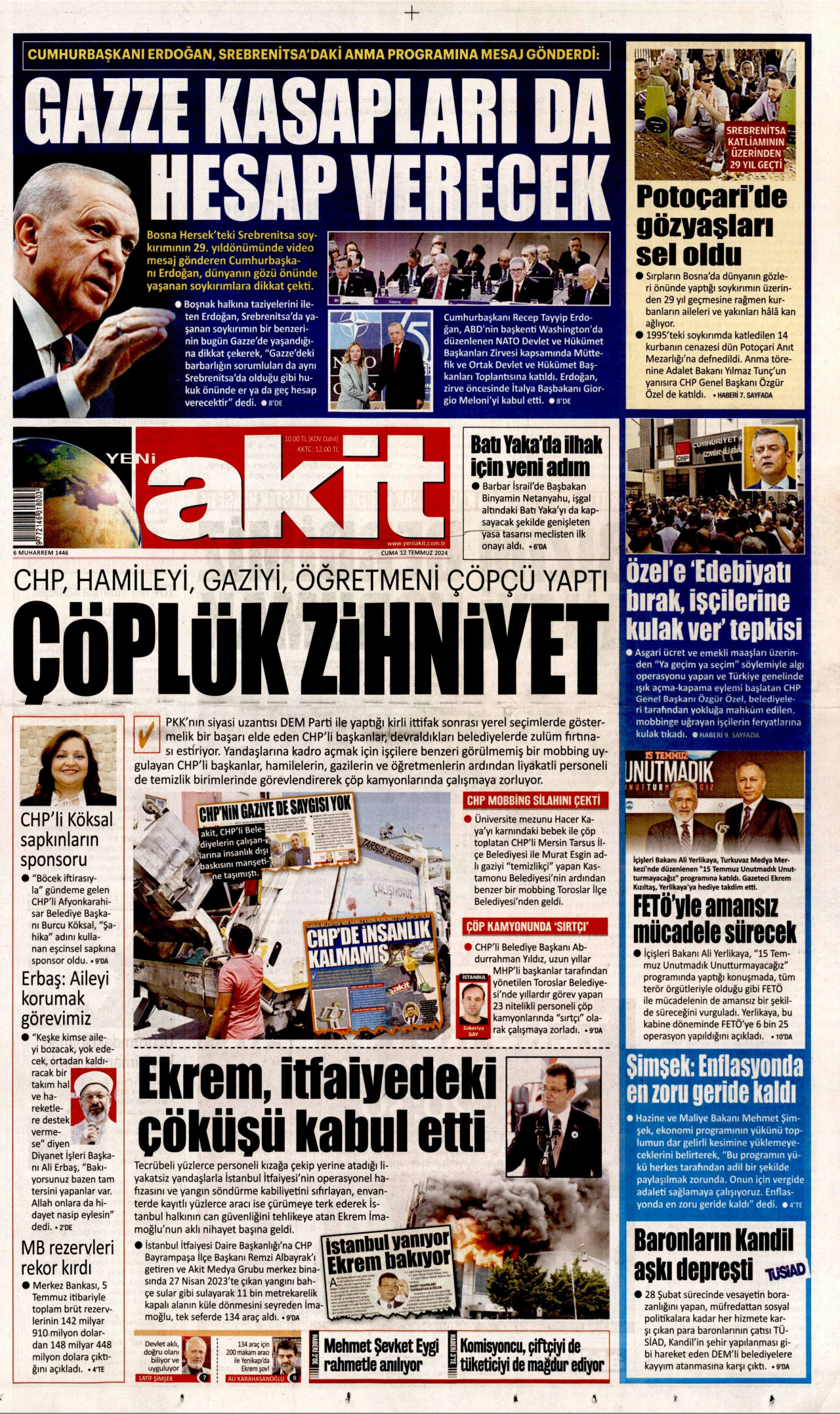 YENİ AKİT gazetesinin 12 Temmuz 2024 tarihli birinci sayfası