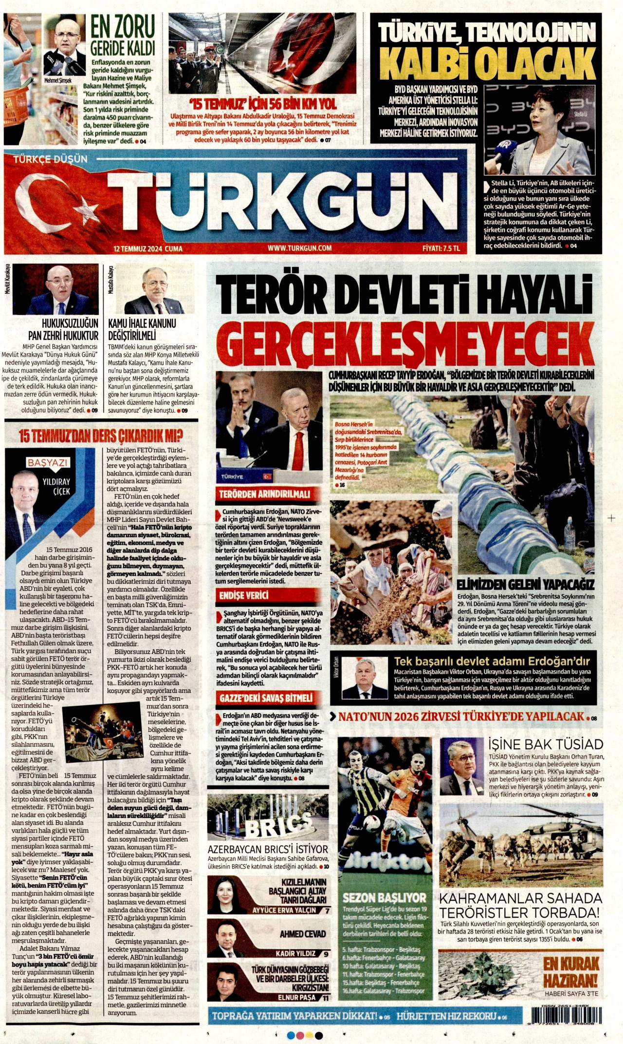 TÜRKGÜN gazetesinin 12 Temmuz 2024 tarihli birinci sayfası