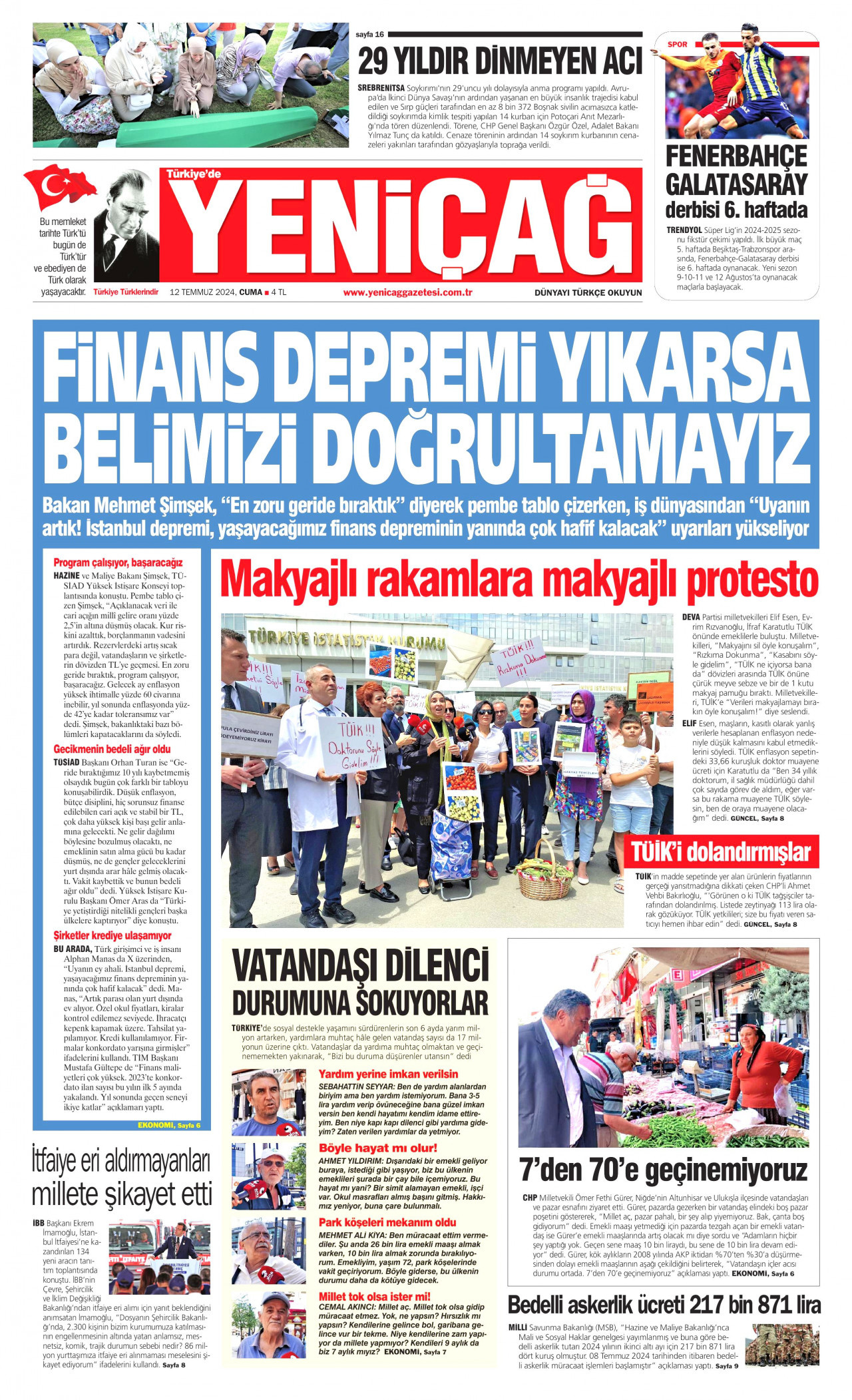 YENİÇAĞ gazetesinin 12 Temmuz 2024 tarihli birinci sayfası