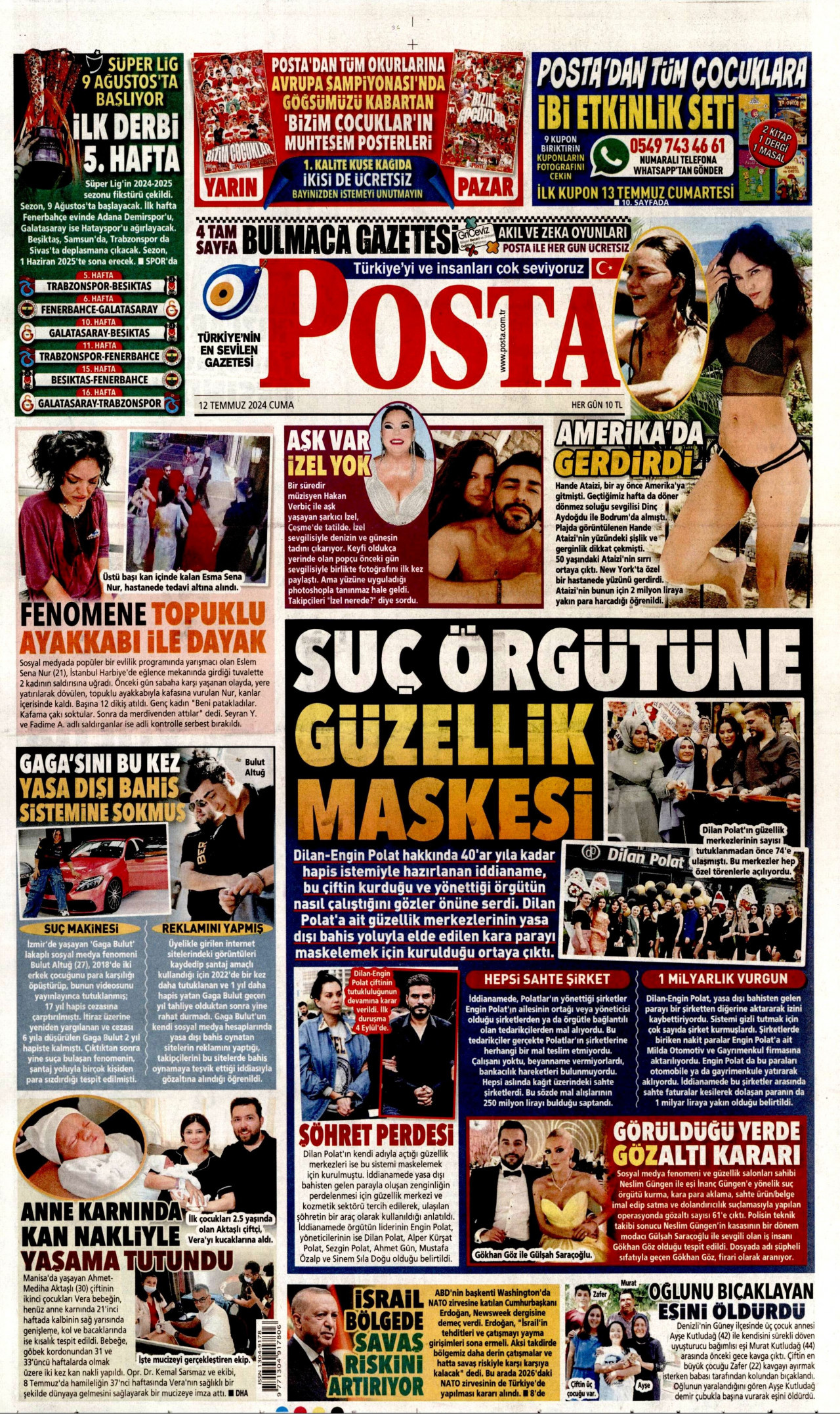 POSTA gazetesinin 12 Temmuz 2024 tarihli birinci sayfası